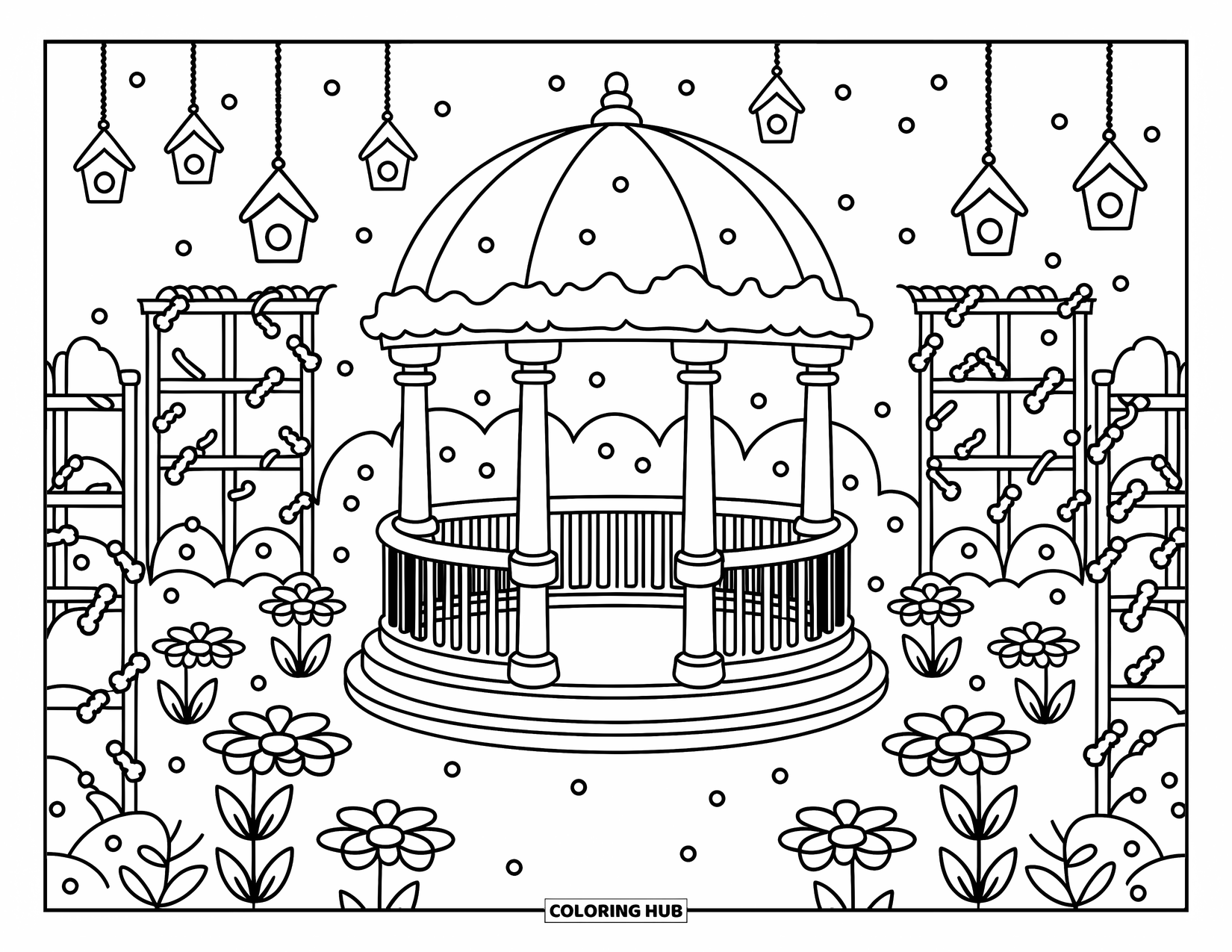 Winter Wonderland Coloring Page for Adults: Gazebo in a snowy garden surrounded by benches, vines, and hanging birdhouses
