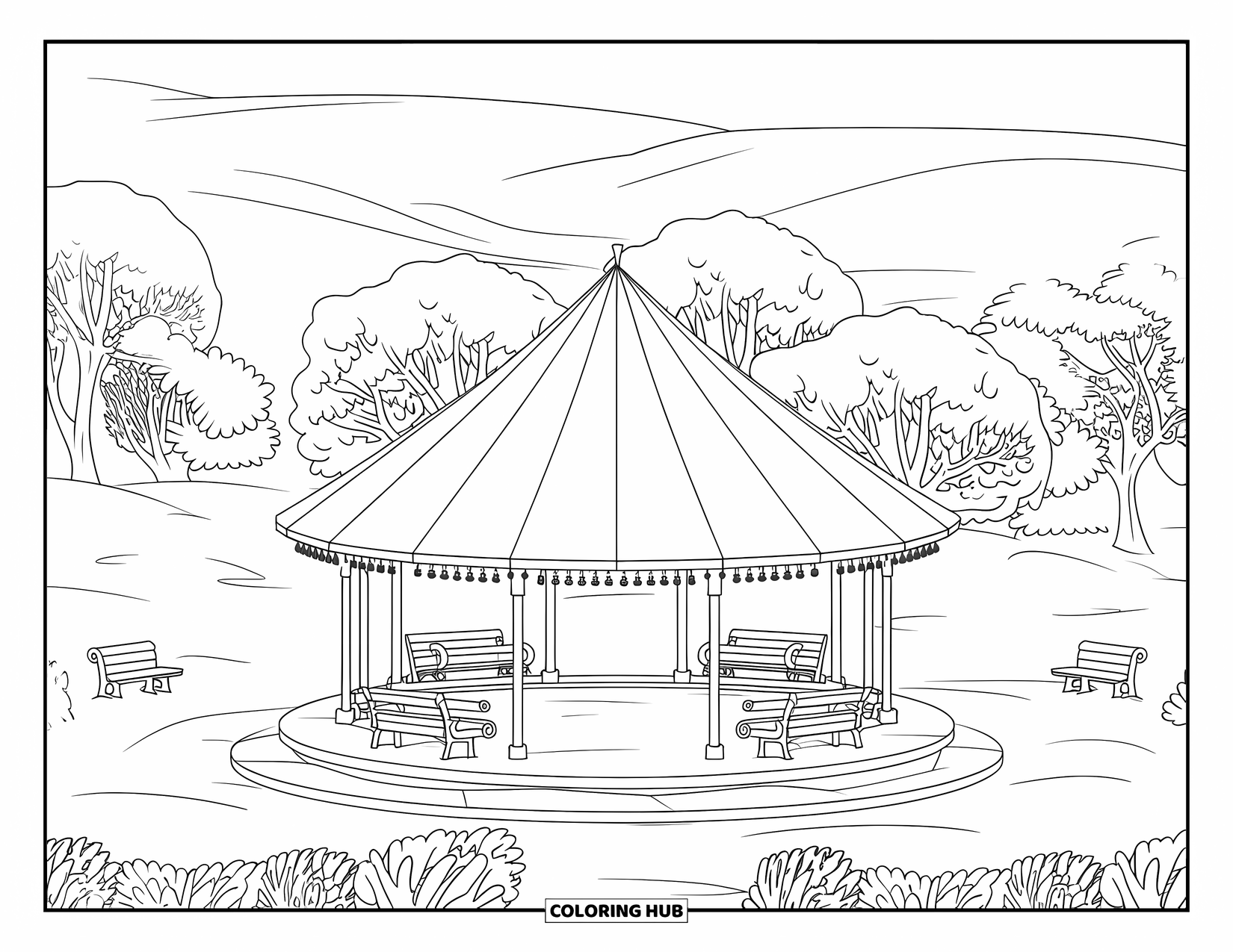 Winter Wonderland Coloring Page for Adults: Gazebo with a cone roof in a snowy park with hills and trees around