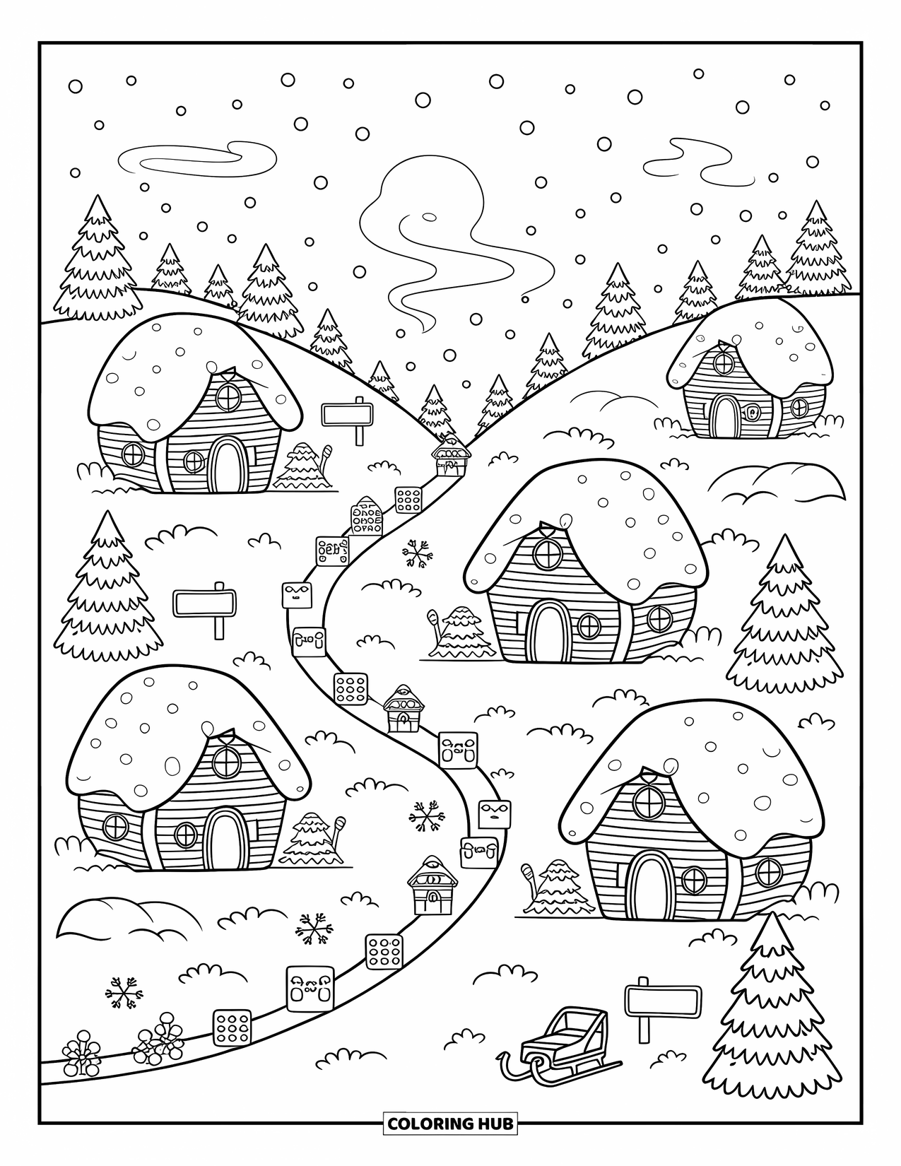 Winter Wonderland Coloring Page for Adults: Kawaii cabins line a snowy hillside with garlands, lights, and a little sled