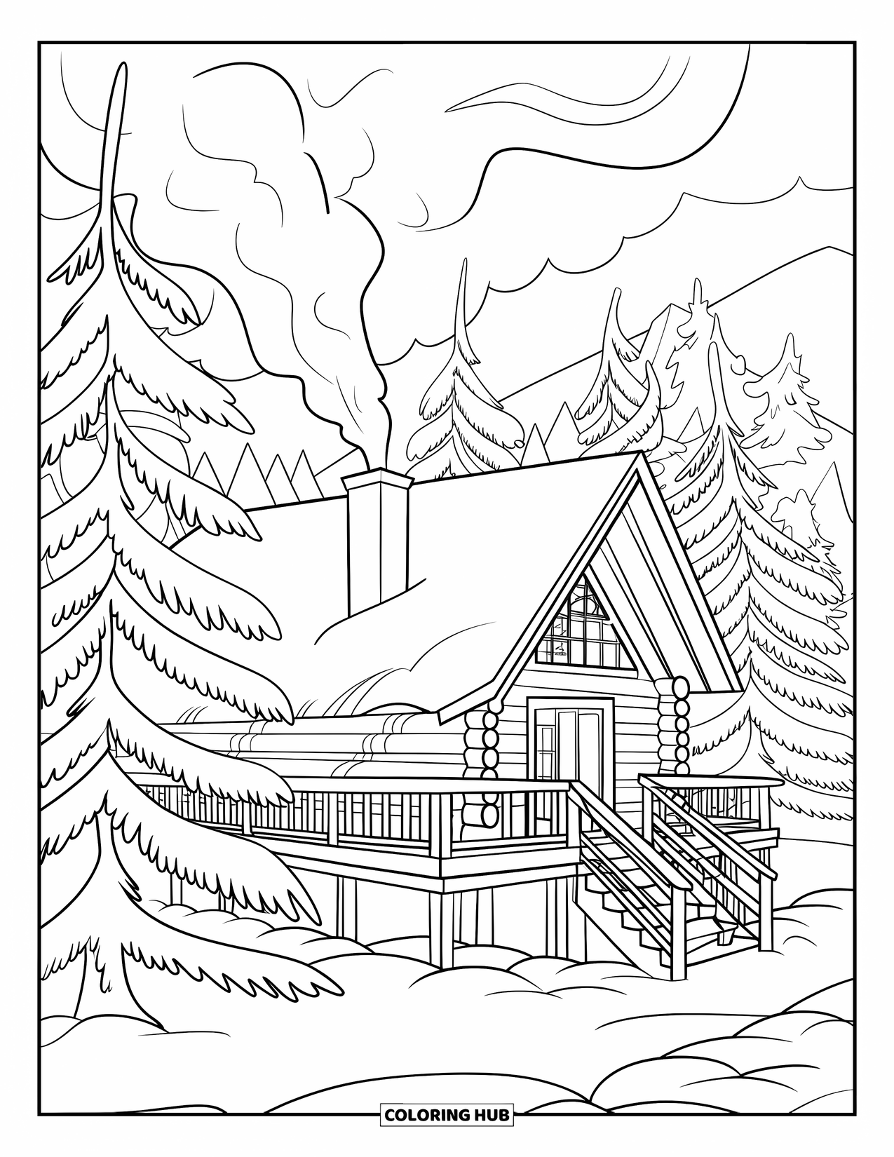 Winter Wonderland Coloring Page for Adults: Log cabin with deck and stairs surrounded by snow-covered forest trees