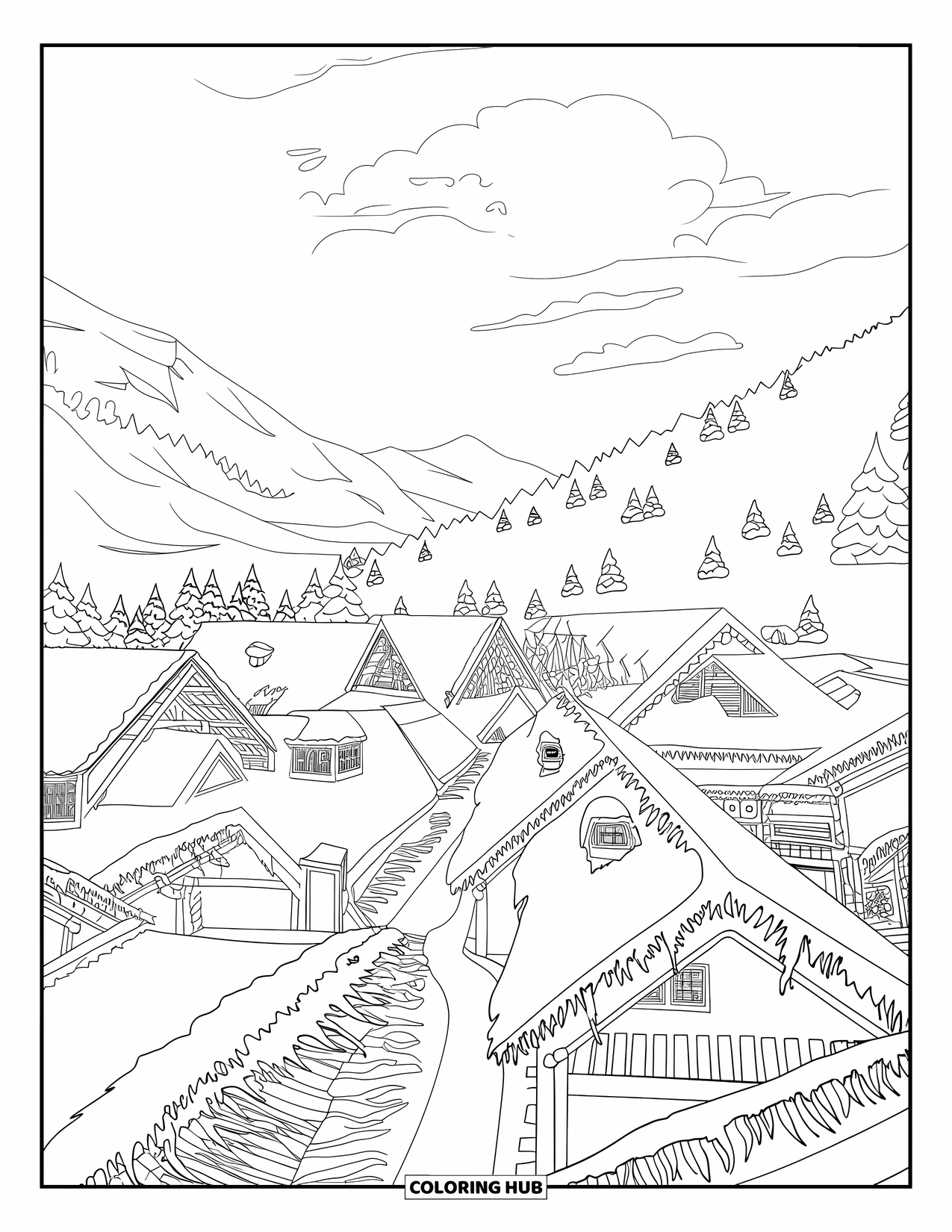Winter Wonderland Coloring Page for Adults: Quiet valley village with snow-covered paths, rooftops, and soft clouds above