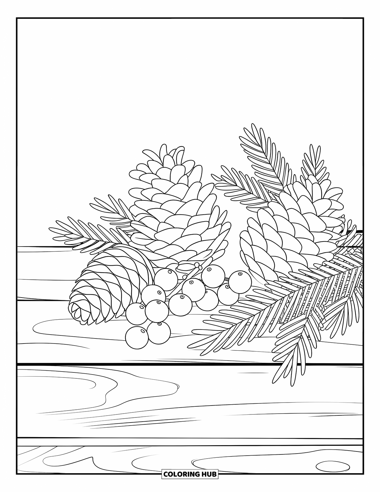 Winter Wonderland Coloring Page for Adults: Rustic still life of pinecones, evergreen sprigs, and frosted berries on wood