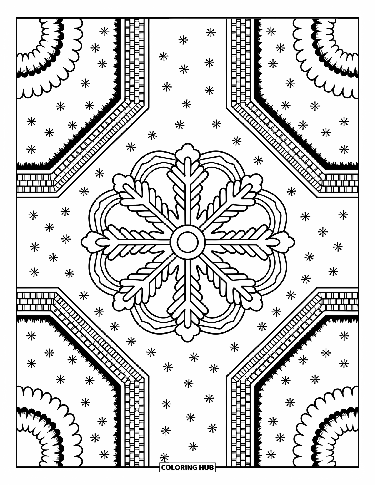 Winter Wonderland Coloring Page for Adults: Snow-covered fountain with garden paths, tiny prints, and cozy footprints all around