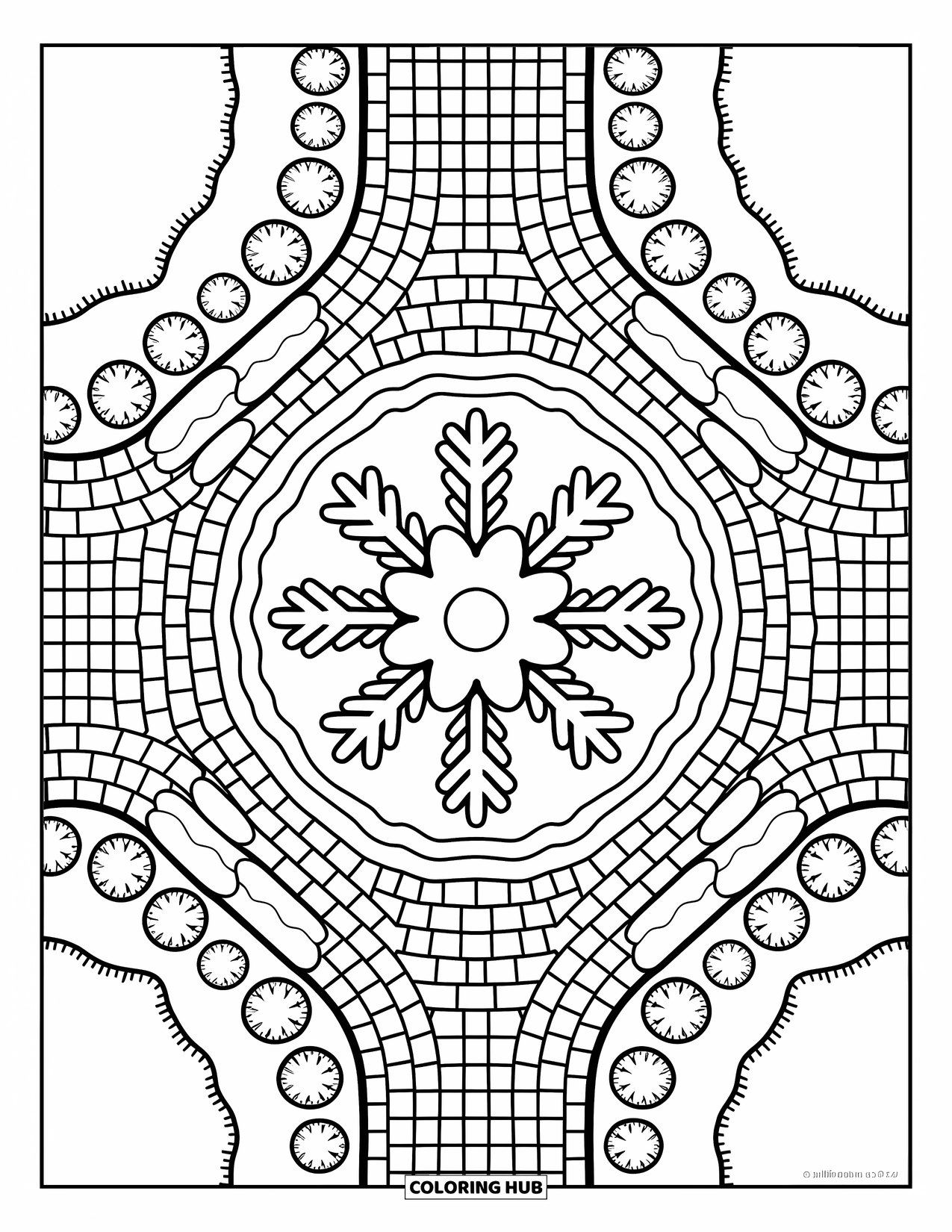 Winter Wonderland Coloring Page for Adults: Snowflake-shaped fountain stands in a courtyard with benches and snowy paths
