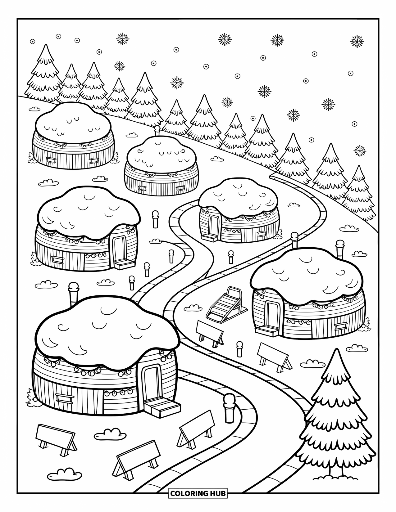 Winter Wonderland Coloring Page for Adults: Snowy hillside village with rounded cabins, trees, and a winding path