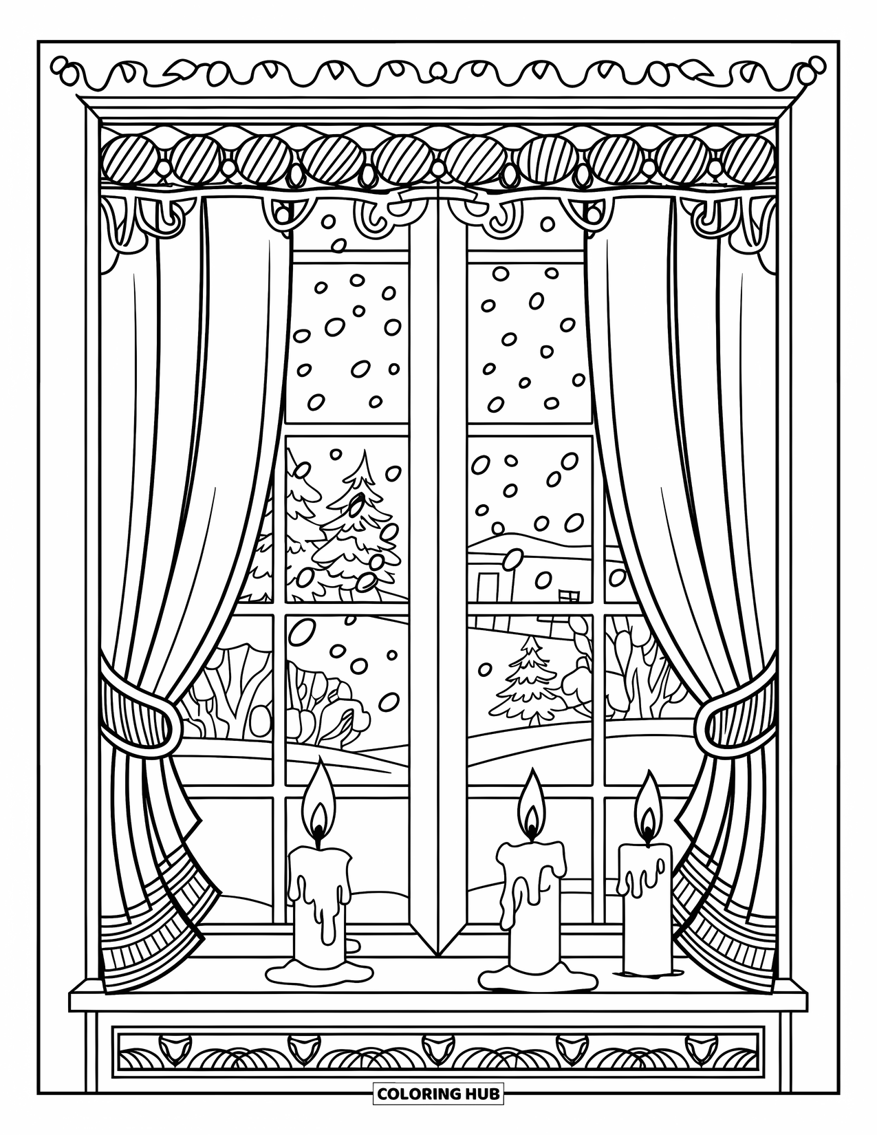Winter Wonderland Coloring Page for Adults: Snowy view from a window with candles, curtains, and a distant building