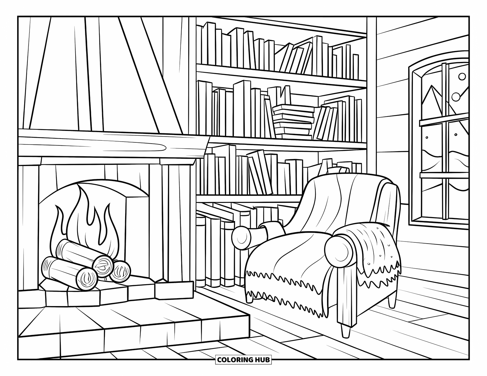 Winter Wonderland Coloring Page for Adults: Warm cabin interior with a fireplace, books, blankets, and snow outside the window