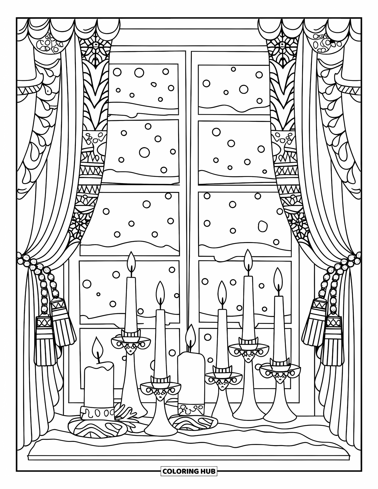 Winter Wonderland Coloring Page for Adults: Window view with snow falling outside, candles on the sill, and open curtains
