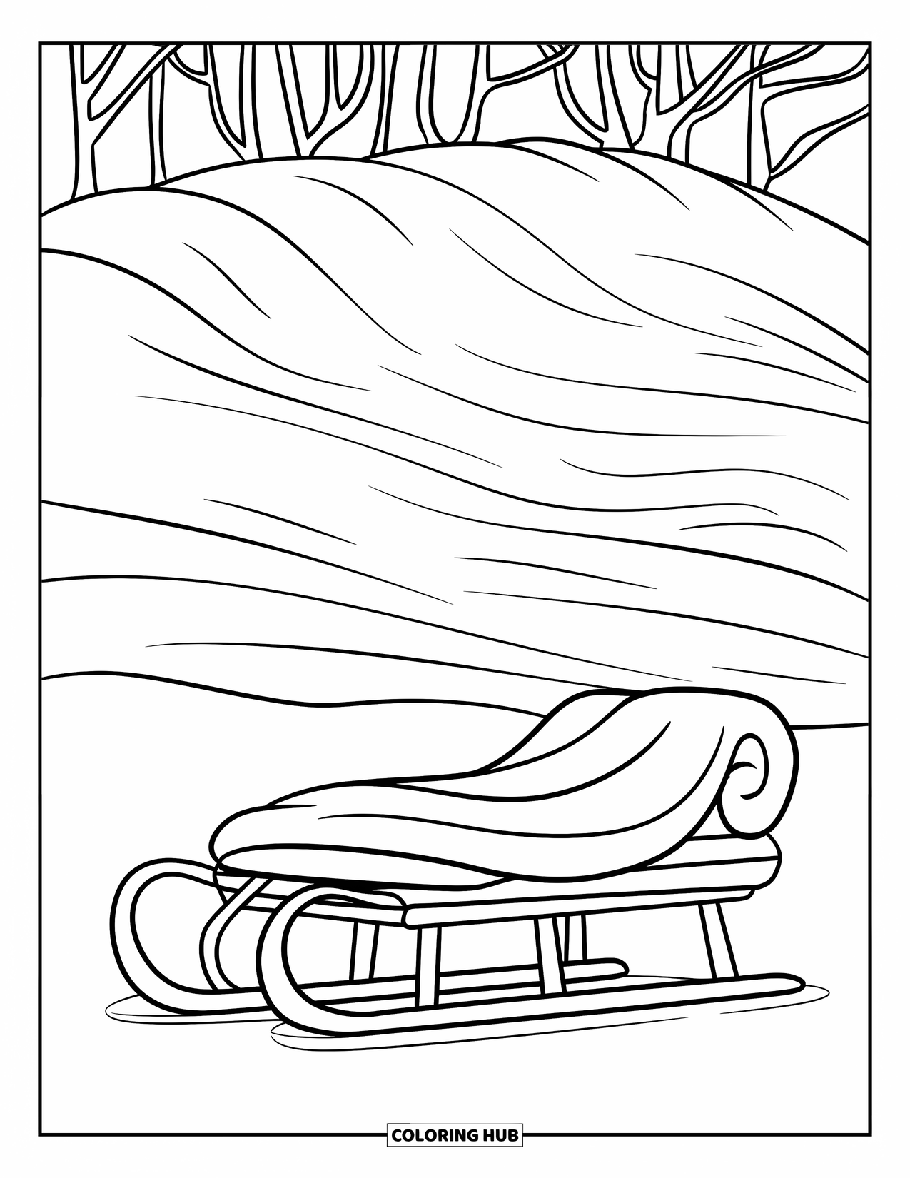 Winter Wonderland Coloring Page for Kids: A blanket-topped sled sits beside soft snowy hills and bare trees