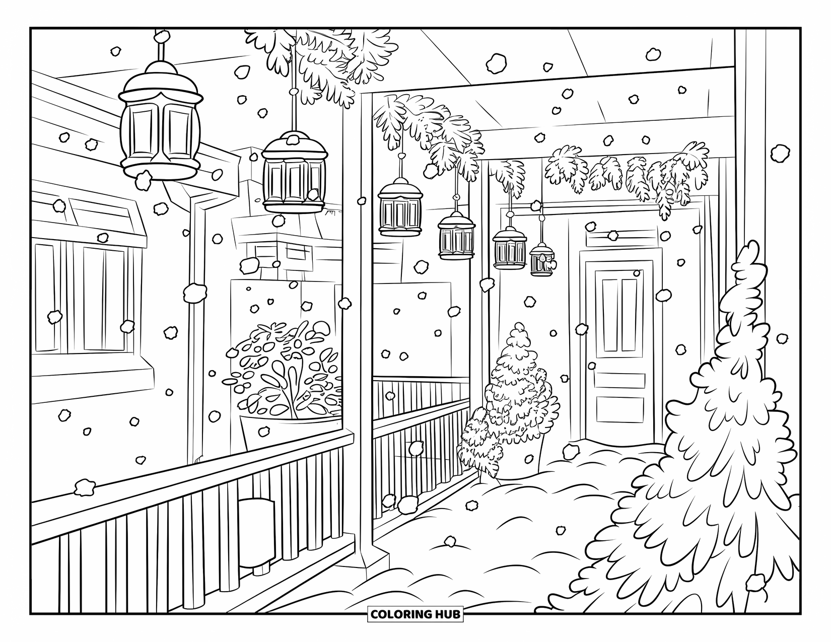 Winter Wonderland Coloring Page for Kids: A cozy balcony decorated with lanterns, plants, and a snowy view