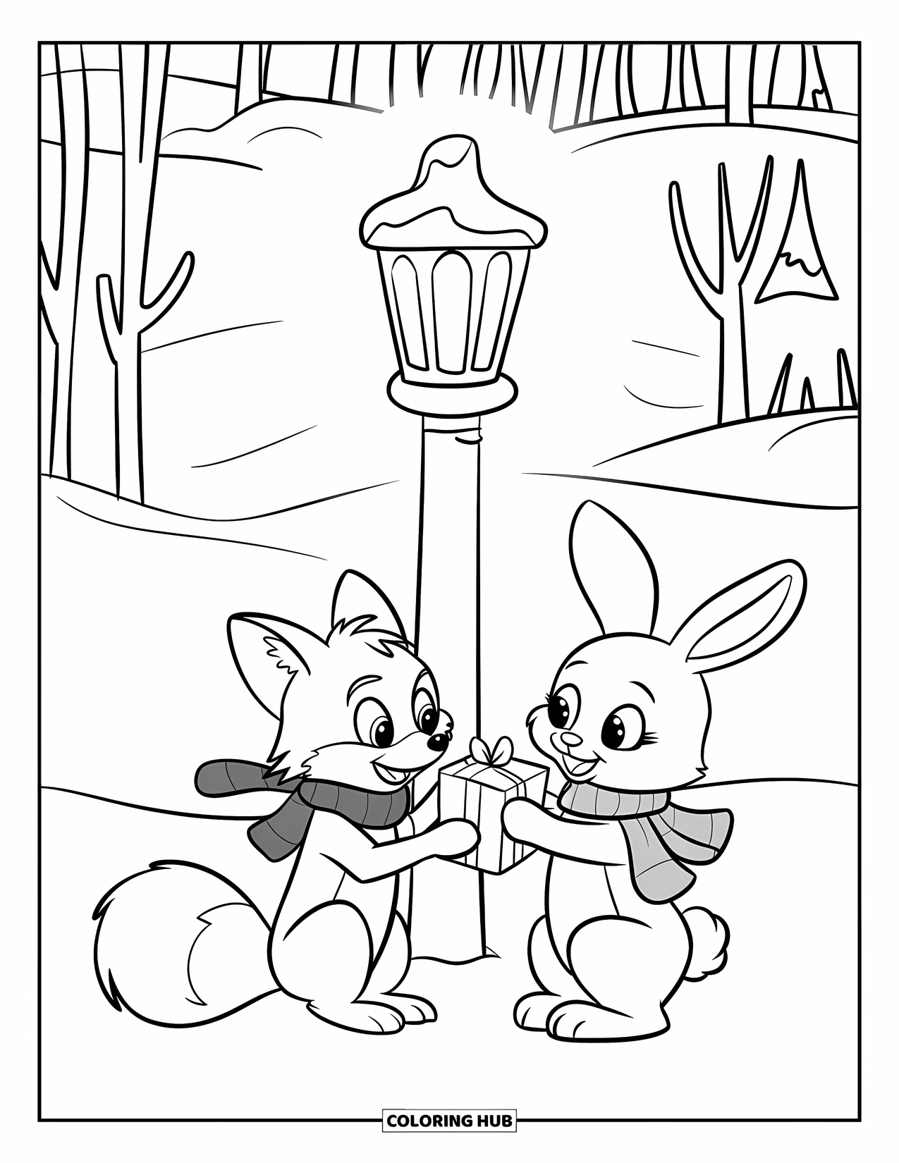 Winter Wonderland Coloring Page for Kids: A fox and bunny share gifts near a lantern in a snowy forest
