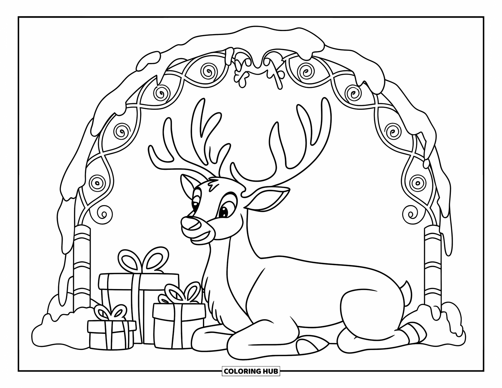 Winter Wonderland Coloring Page for Kids: A reindeer with a red nose rests by gifts under an ornate snowy arch