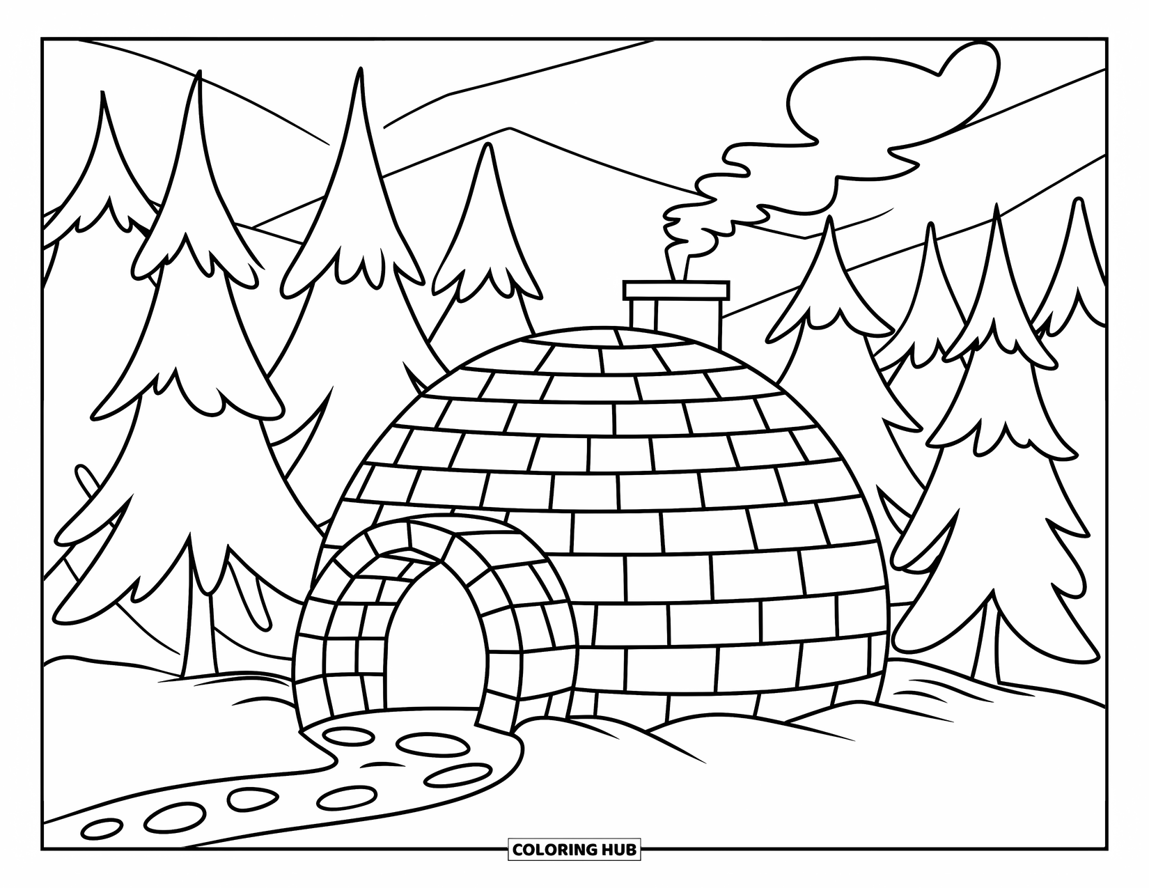 Winter Wonderland Coloring Page for Kids: A simple igloo with chimney smoke sits near snowy trees and mountains