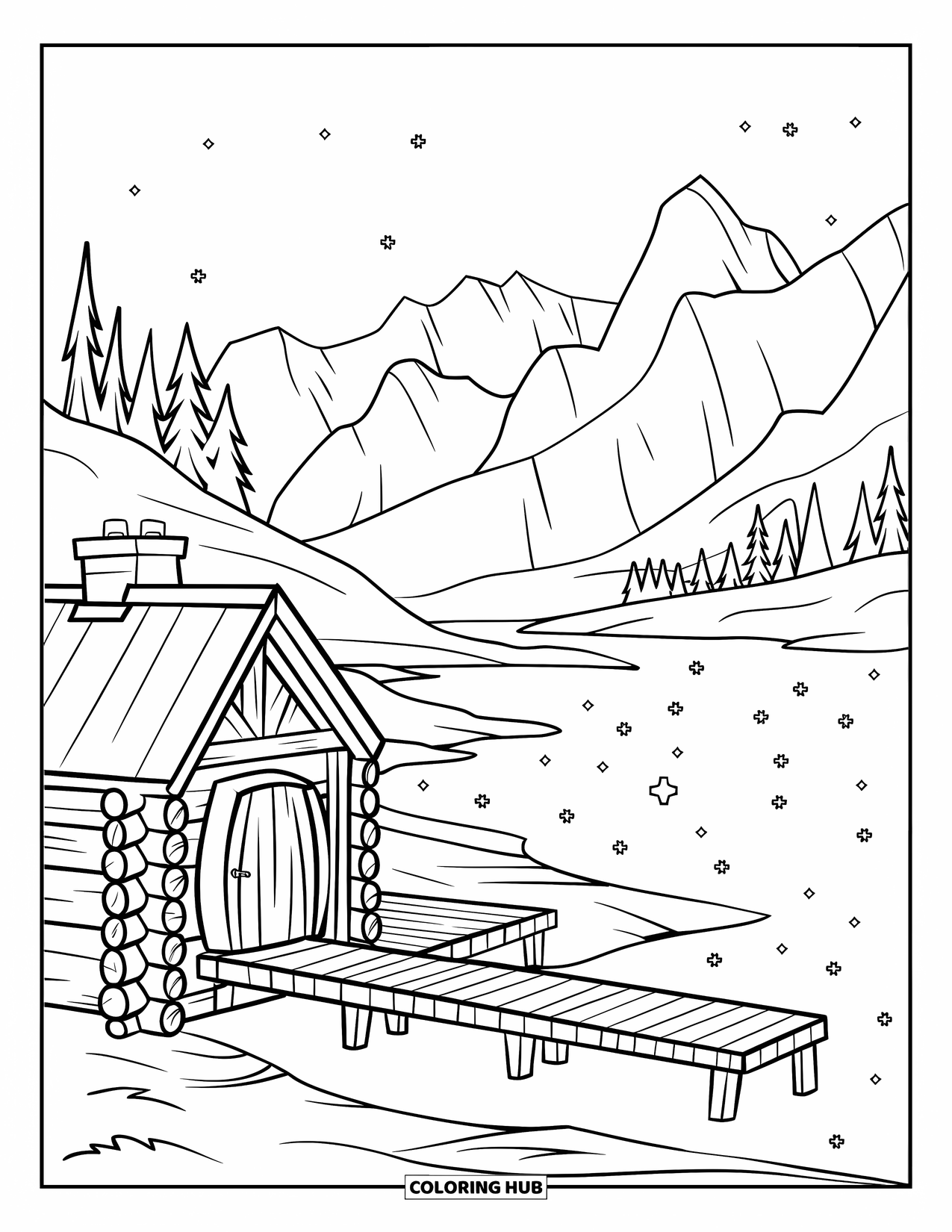Winter Wonderland Coloring Page for Kids: A snowy cabin with a dock sits near mountains and a frozen lake