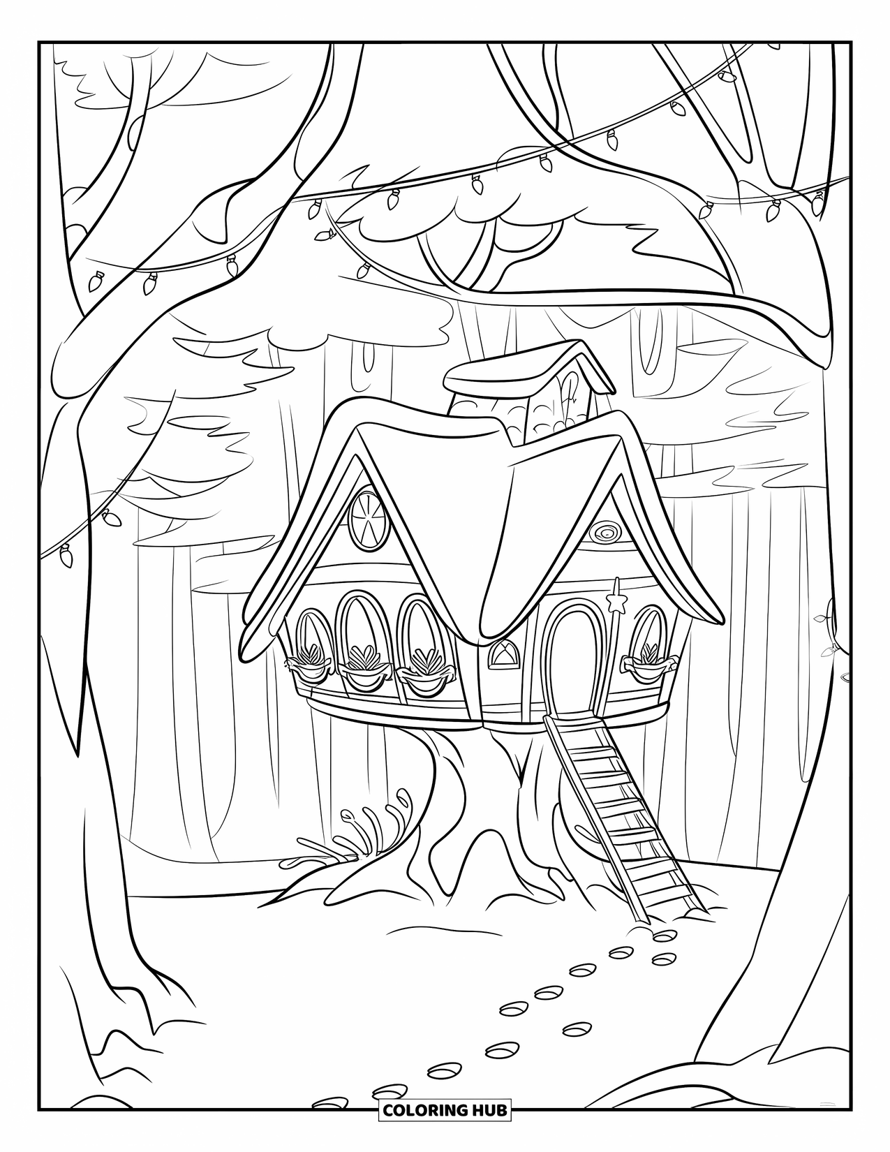 Winter Wonderland Coloring Page for Kids: A snowy treehouse with fairy lights and footprints in a quiet forest