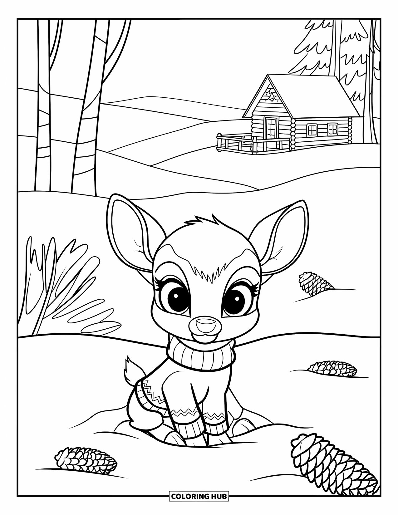 Winter Wonderland Coloring Page for Kids: Baby deer in a sweater rests in snow near pinecones and a faraway cabin