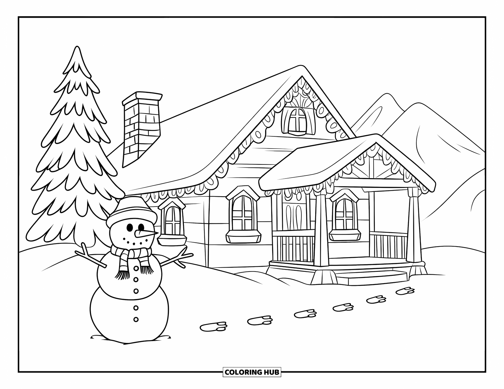 Winter Wonderland Coloring Page for Kids: Cabin with a snowman and one snowy tree in a peaceful winter scene