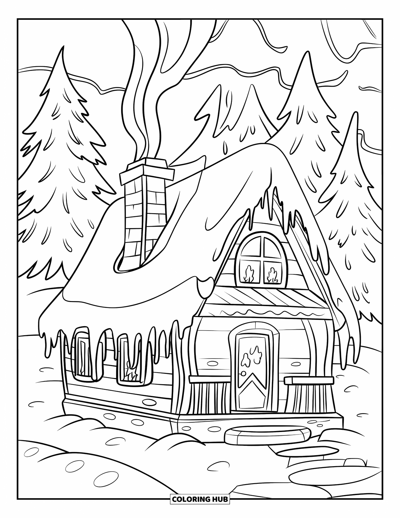 Winter Wonderland Coloring Page for Kids: Cabin with icicles, trees, and snow all around in a peaceful setting