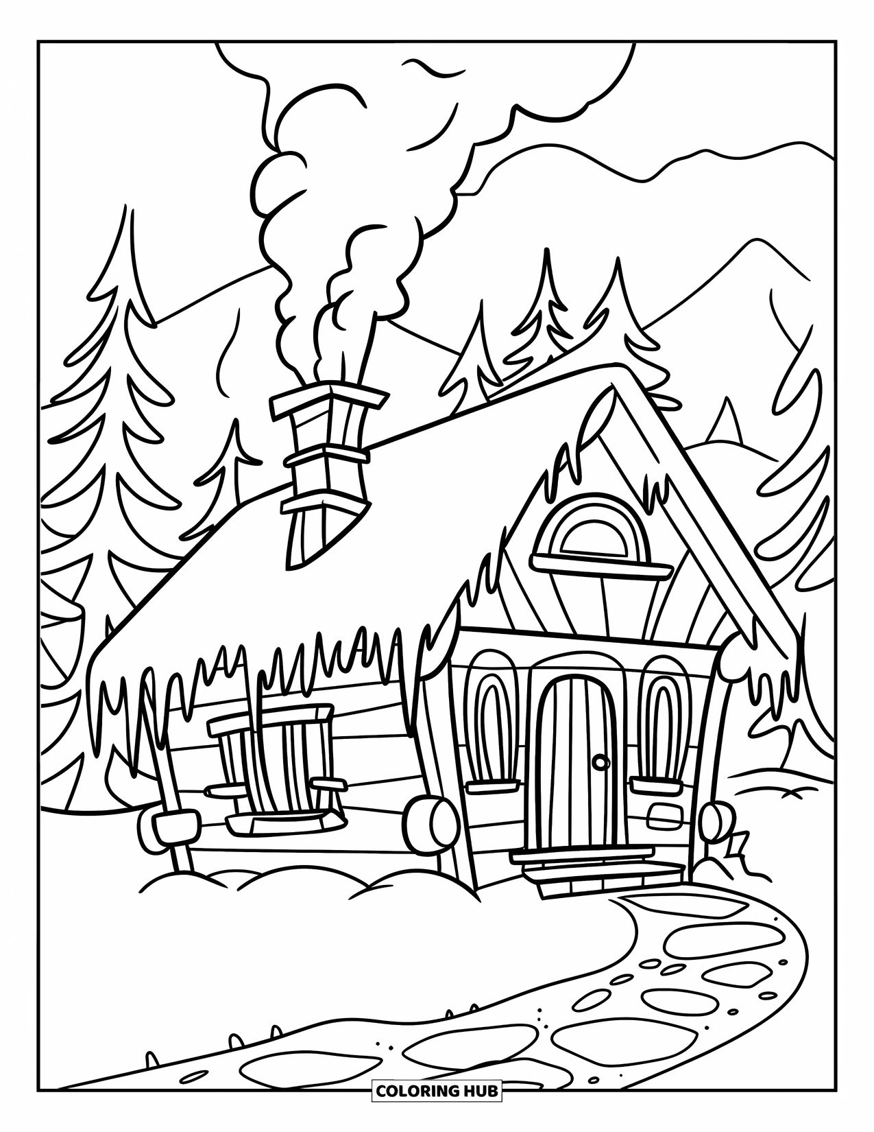 Winter Wonderland Coloring Page for Kids: Cabin with smoke and icicles sits quietly in a snowy forest
