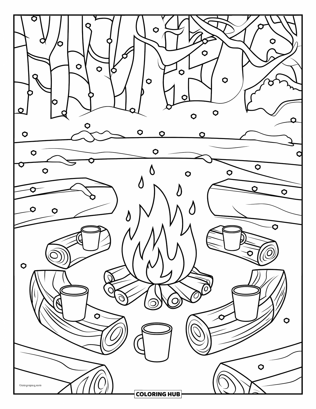 Winter Wonderland Coloring Page for Kids: Campfire scene with mugs, snowy trees, and cozy log seats