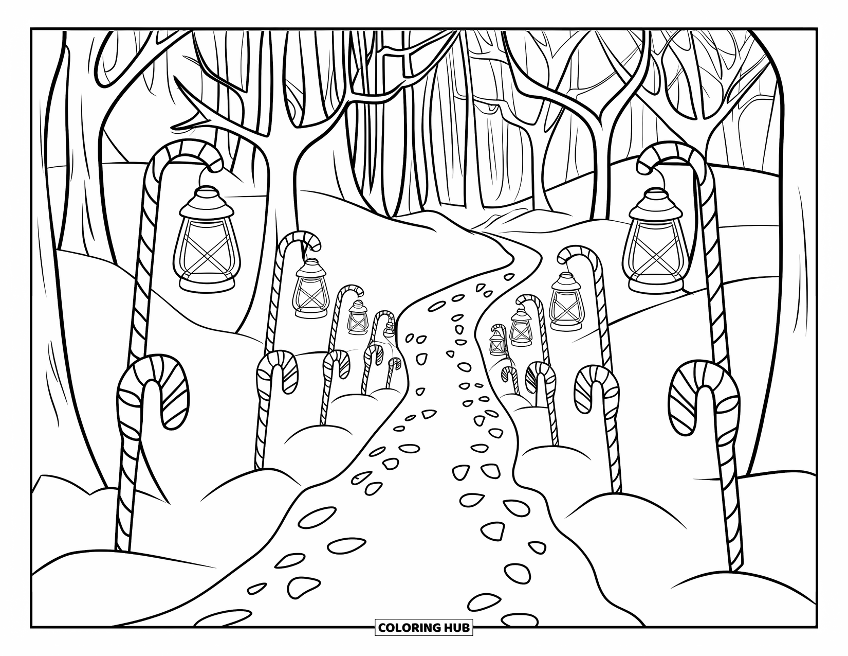 Winter Wonderland Coloring Page for Kids: Candy cane-lined snowy trail with lanterns leading into a forest