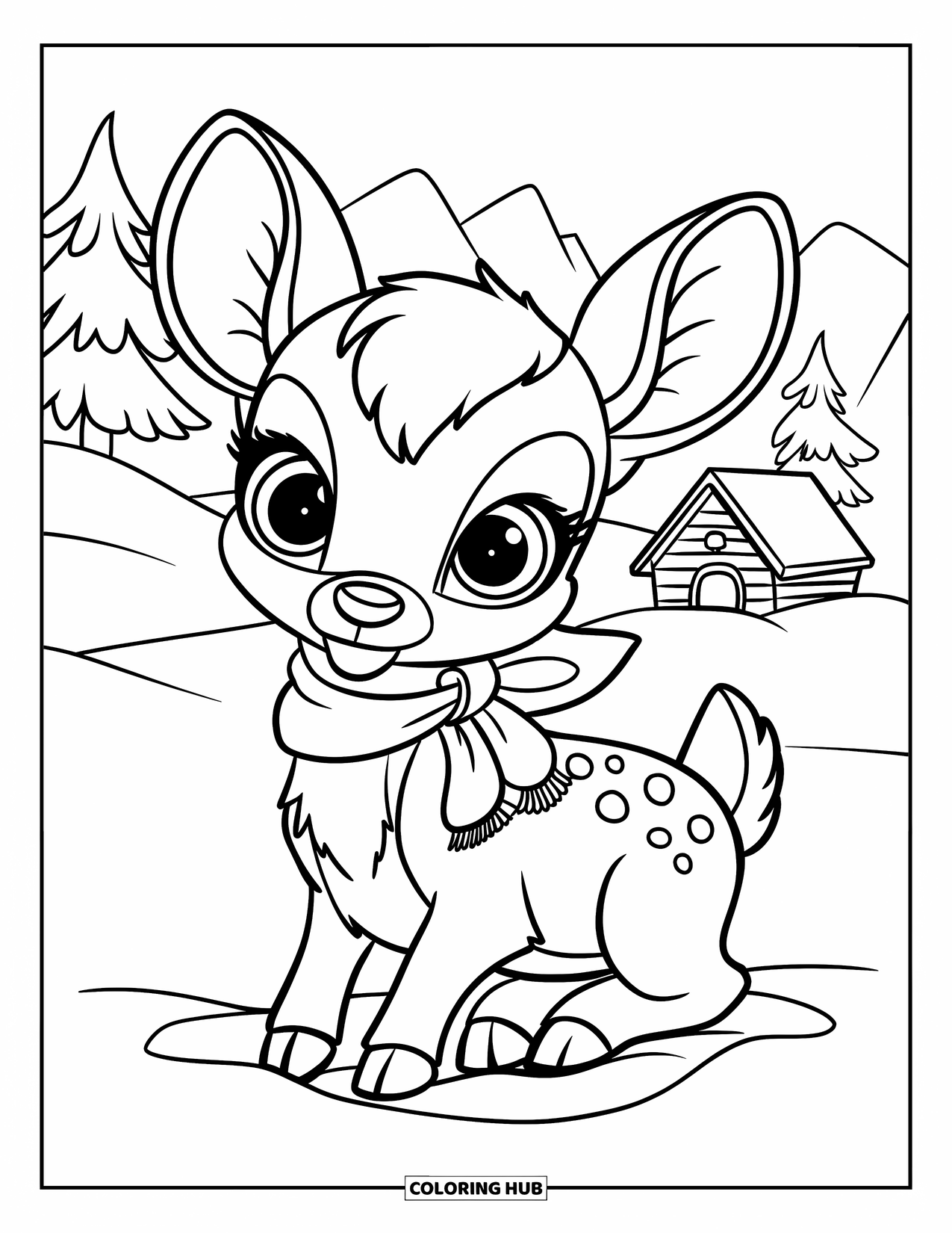 Winter Wonderland Coloring Page for Kids: Cute baby deer in a scarf rests in the snow near trees and mountains