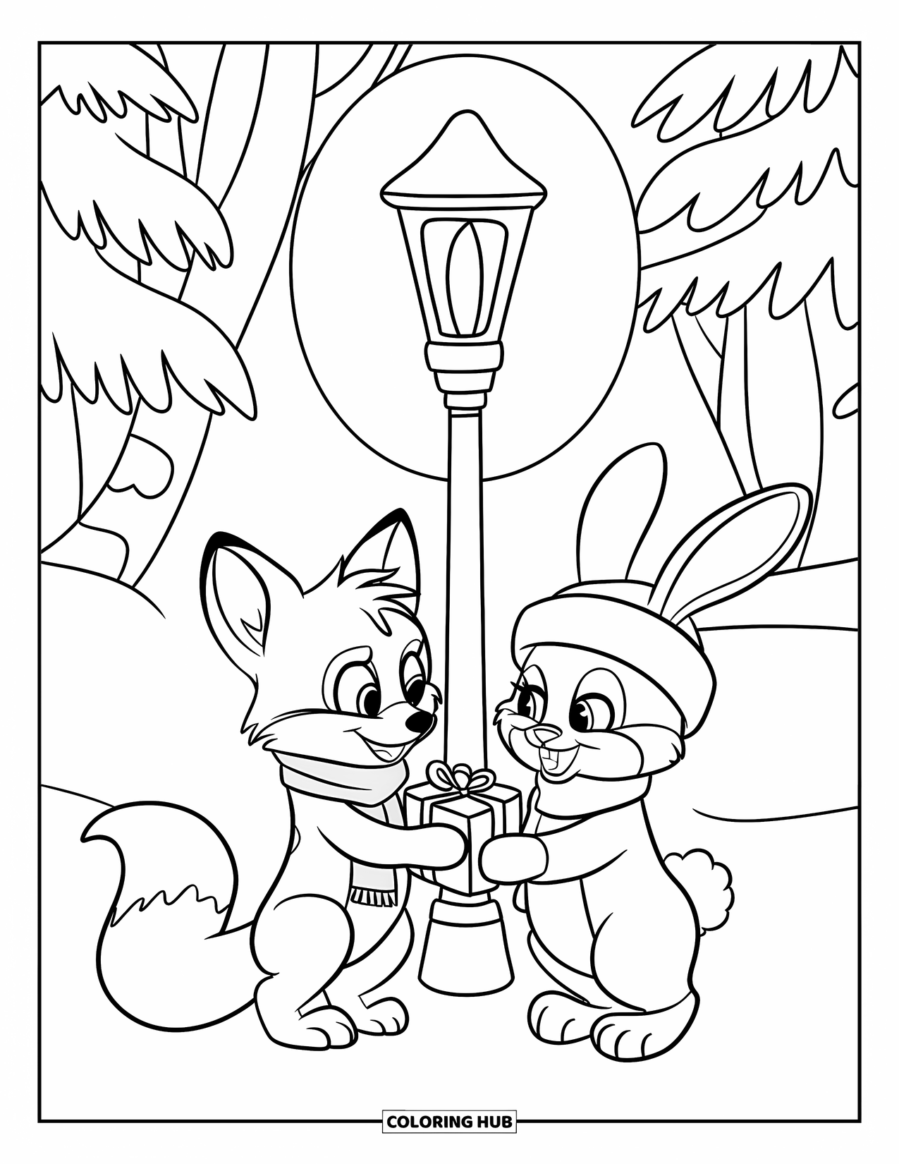 Winter Wonderland Coloring Page for Kids: Fox and bunny stand by a lantern, swapping gifts in the snow