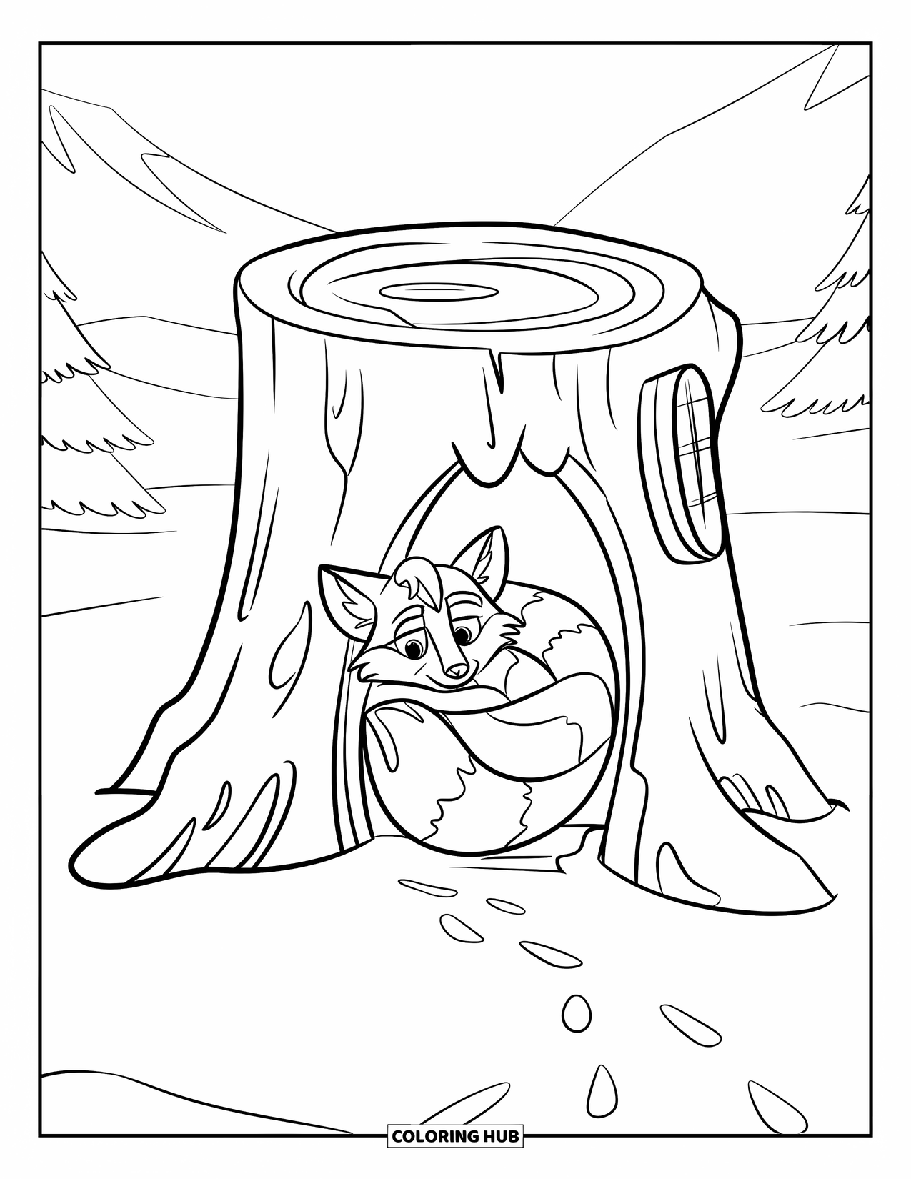 Winter Wonderland Coloring Page for Kids: Fox curls up in a stump with a window, near snow-covered mountains