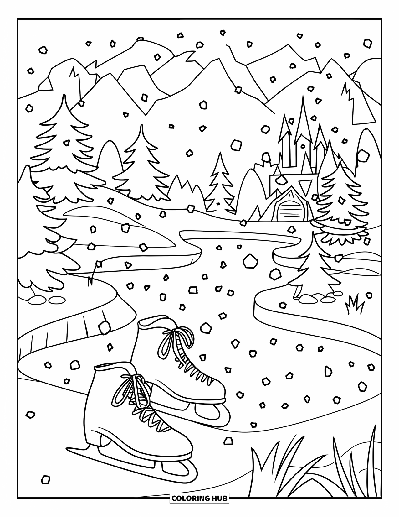 Winter Wonderland Coloring Page for Kids: Frozen pond with skates, snowy trees, and a castle nestled in the mountains