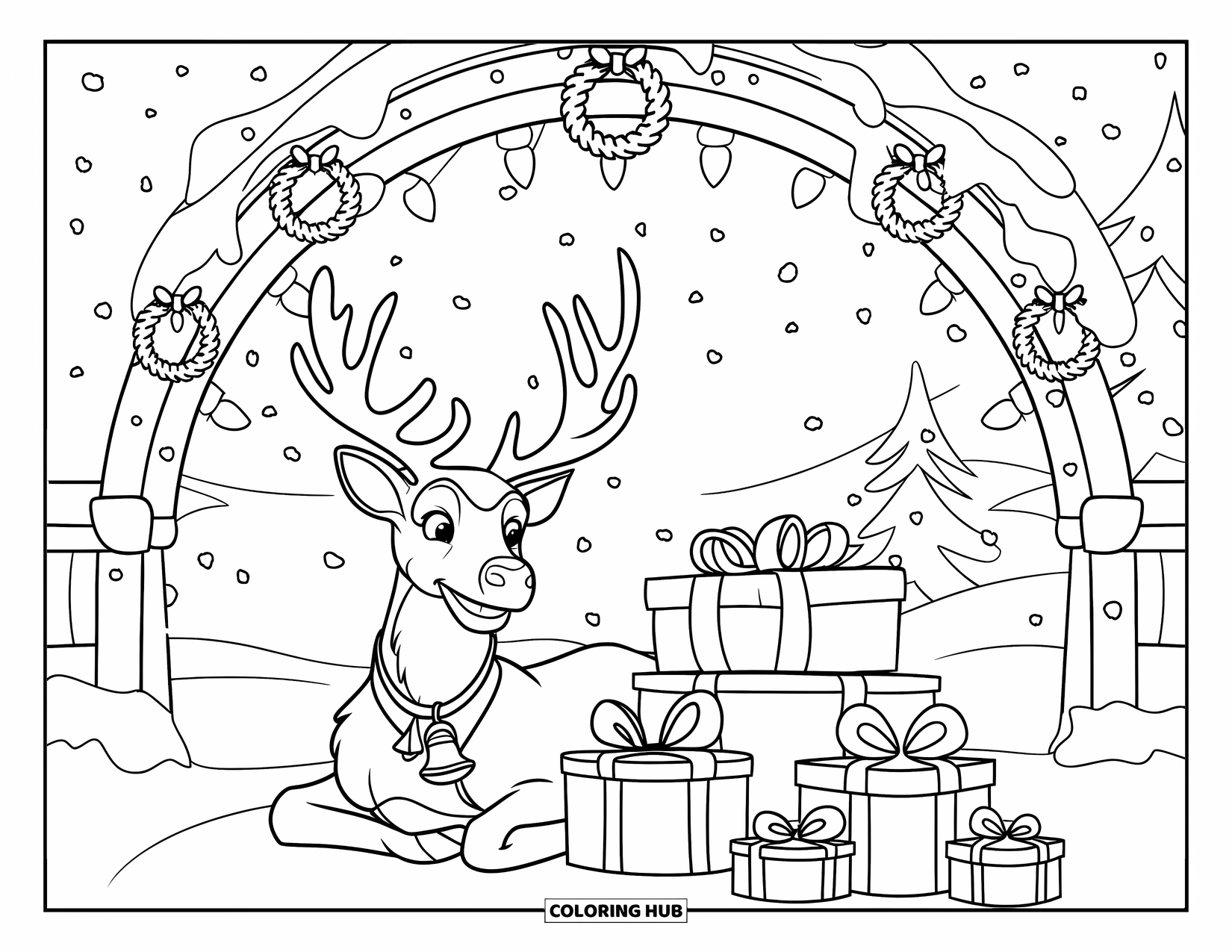 Winter Wonderland Coloring Page for Kids: Reindeer beside wrapped gifts under a snowy arch with wreaths and trees