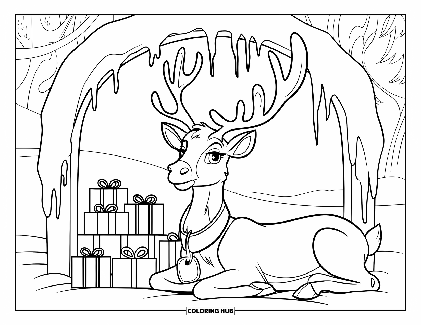 Winter Wonderland Coloring Page for Kids: Reindeer with a big collar relaxes near gifts under a snowy arch
