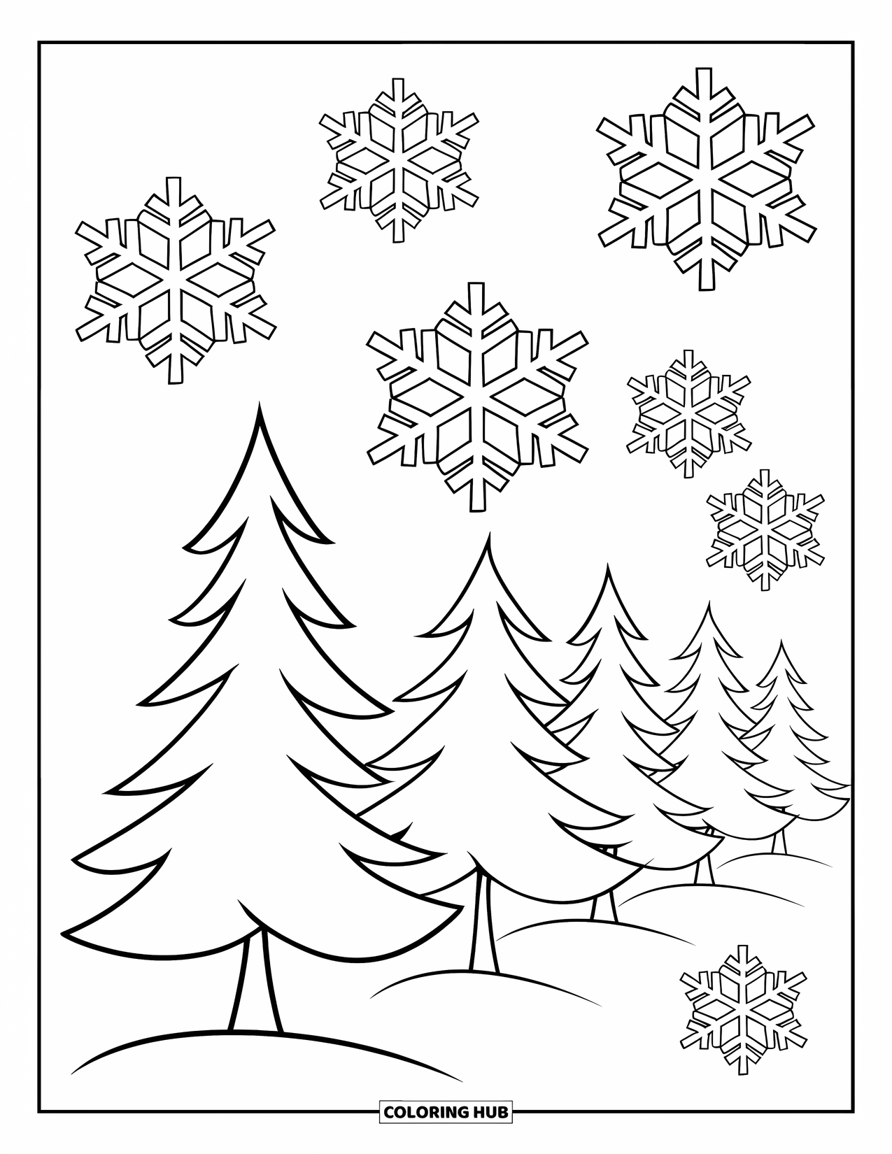 Winter Wonderland Coloring Page for Kids: Snowflakes drift down over bold-lined pine trees in a cheerful winter layout