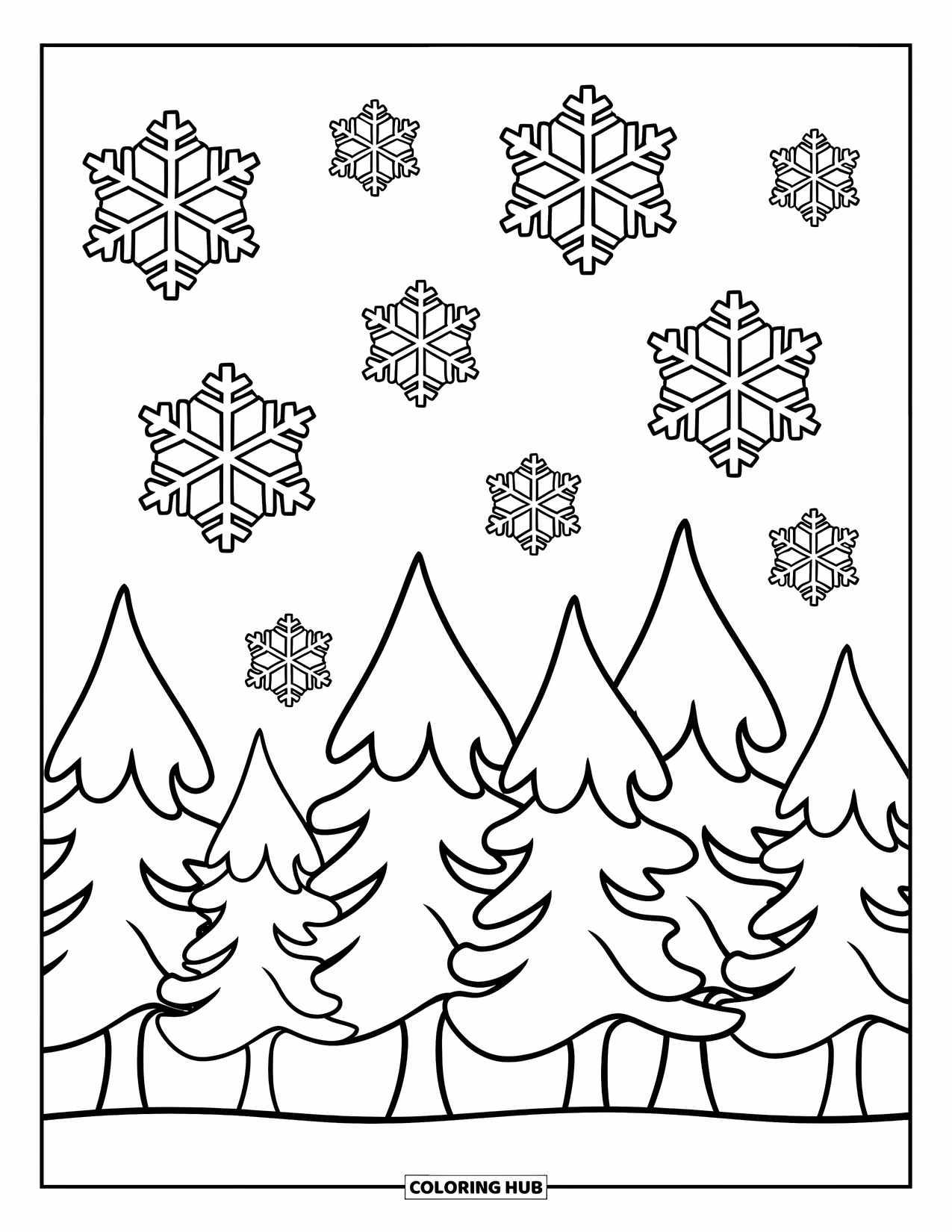 Winter Wonderland Coloring Page for Kids: Snowflakes fall around a row of simple pine trees in a winter scene