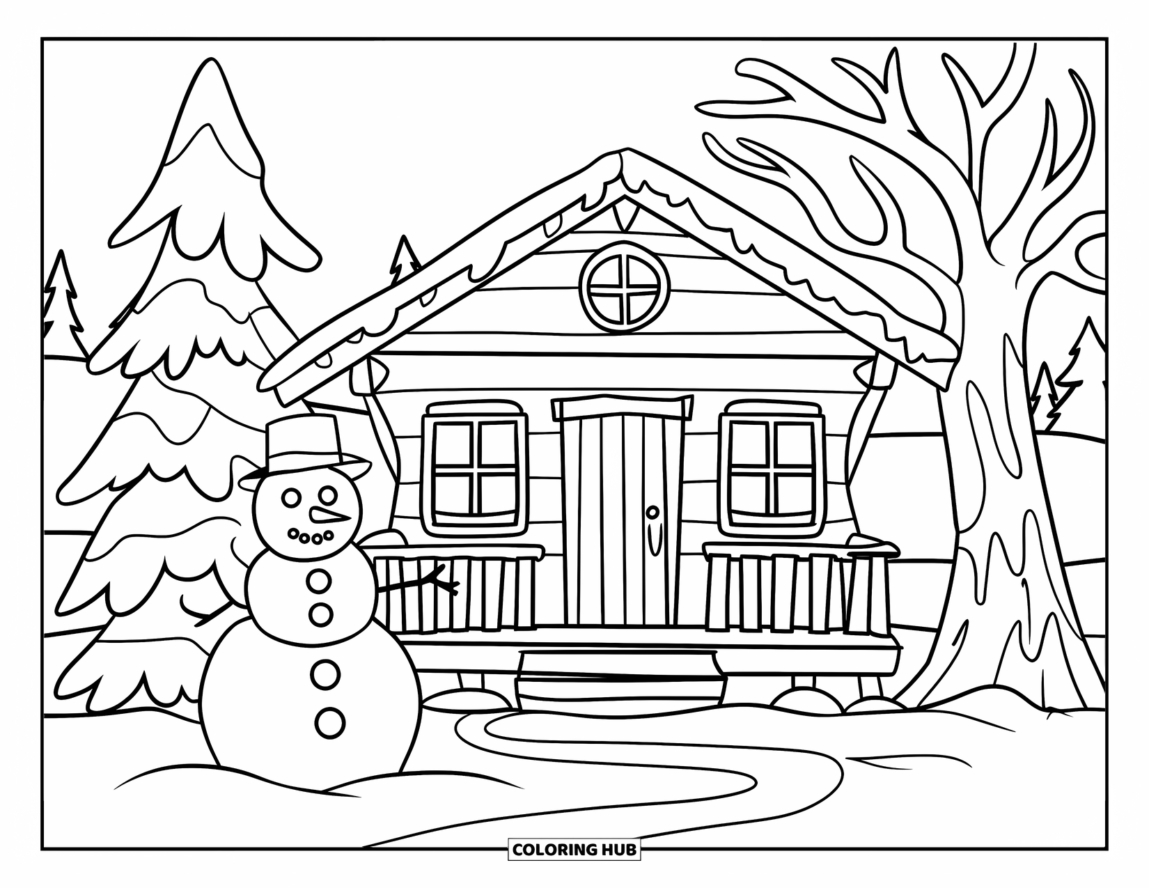 Winter Wonderland Coloring Page for Kids: Snowman stands near a cozy cabin and snowy tree in a quiet landscape