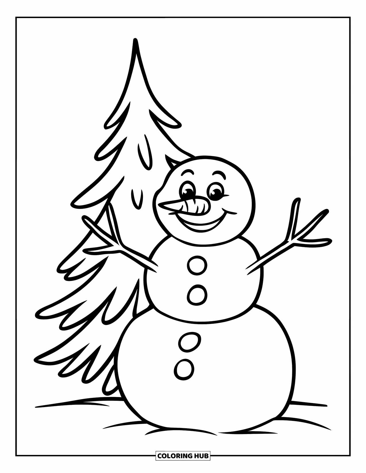 Winter Wonderland Coloring Page for Kids: Snowman with a big grin stands near a pine tree in the snow