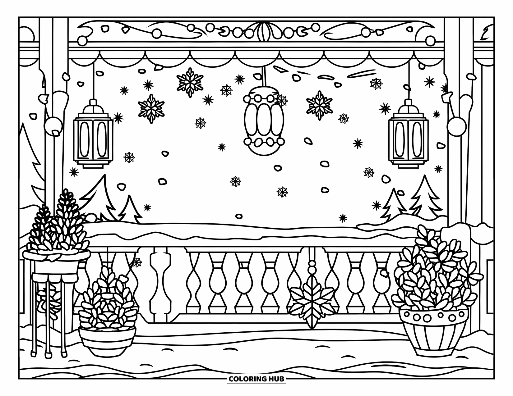 Winter Wonderland Coloring Page for Kids: Snowy balcony with lanterns, potted plants, and trees visible in the distance