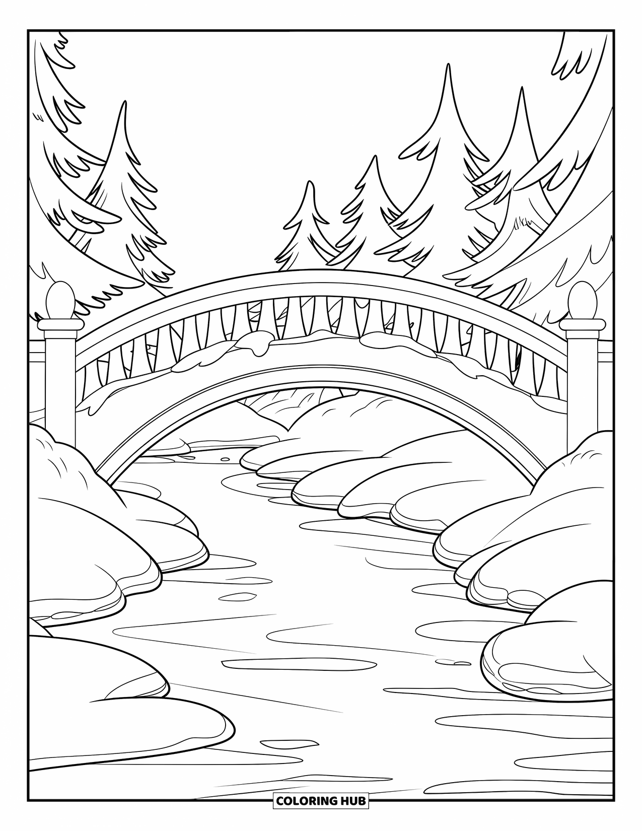 Winter Wonderland Coloring Page for Kids: Snowy bridge crosses a quiet river with pine trees all around