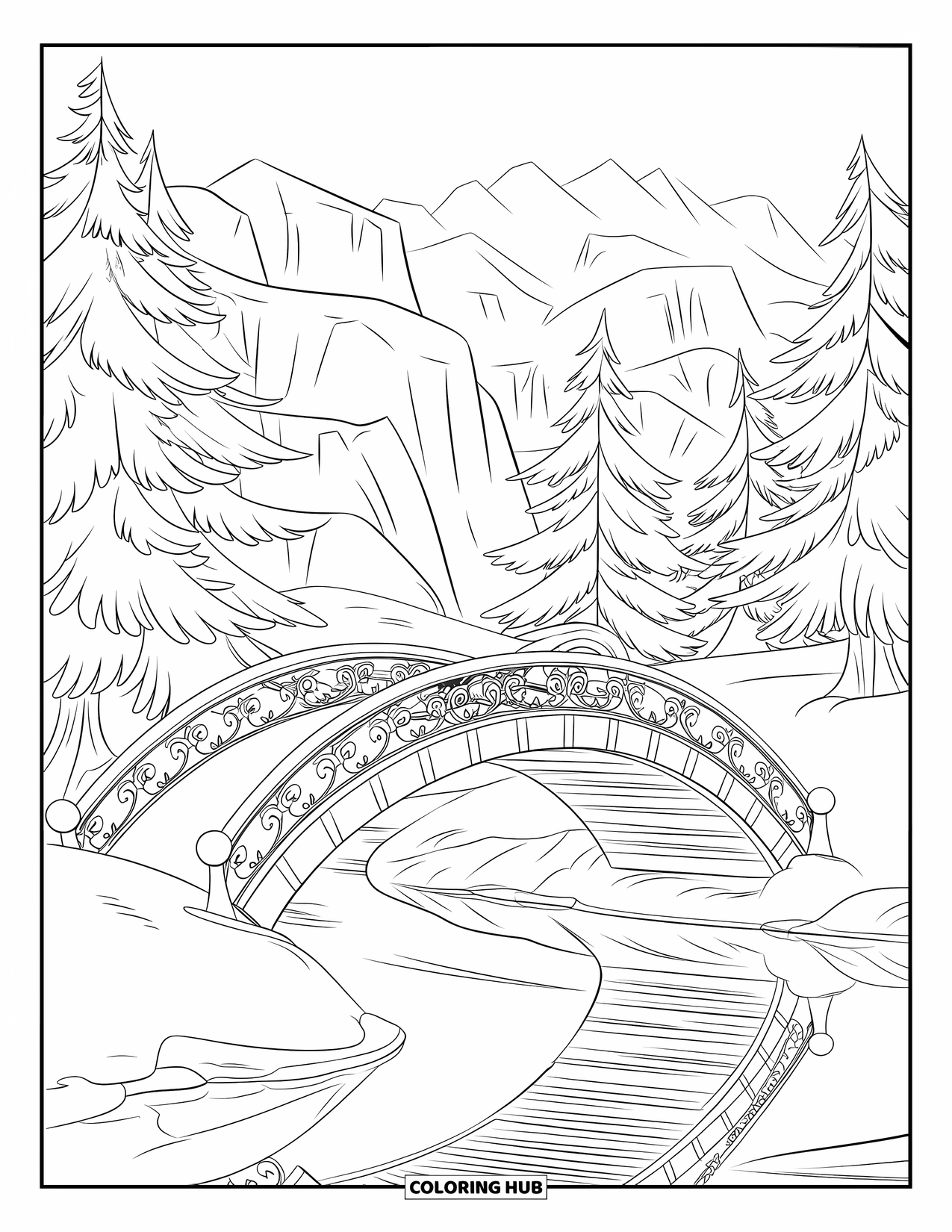 Winter Wonderland Coloring Page for Kids: Snowy bridge over a calm river near pine trees and rocky mountains