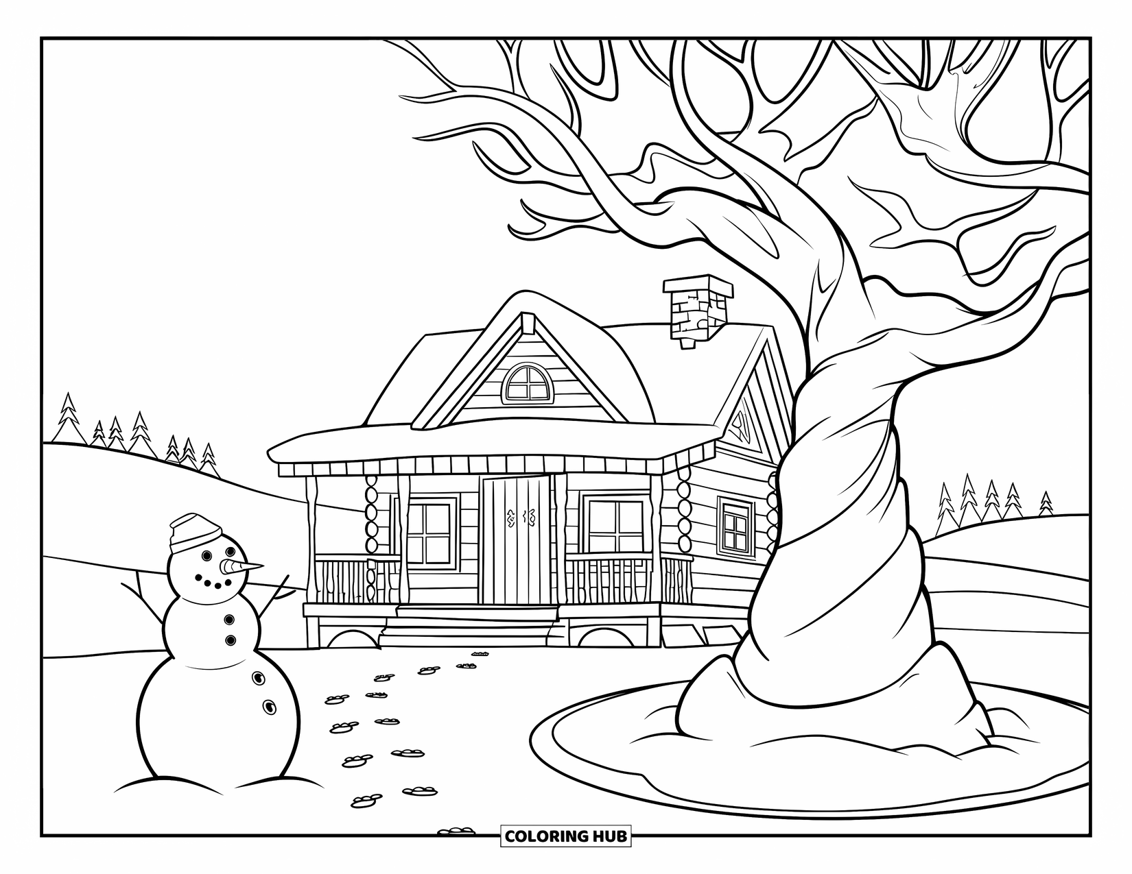 Winter Wonderland Coloring Page for Kids: Snowy cabin with porch and snowman surrounded by hills and trees