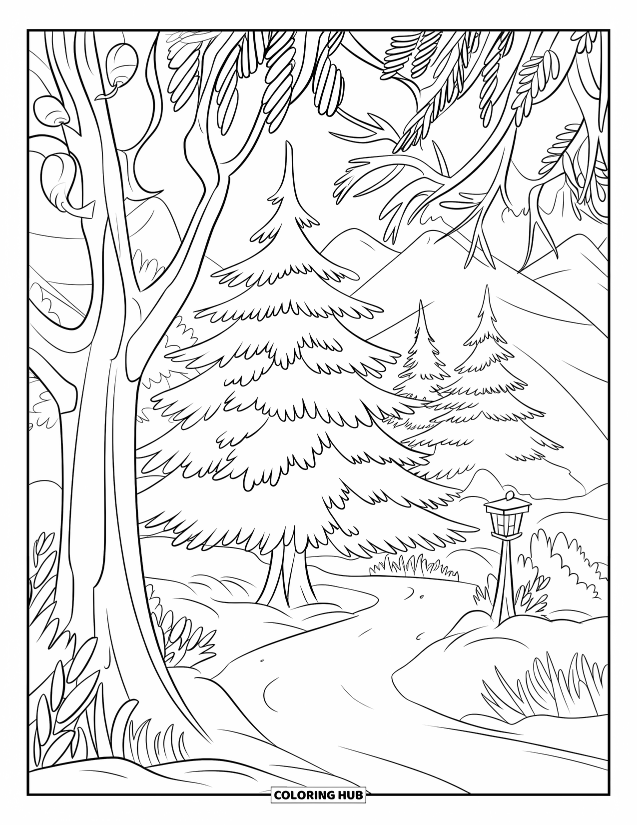 Winter Wonderland Coloring Page for Kids: Snowy trail winds through forest trees lit by warm lanterns
