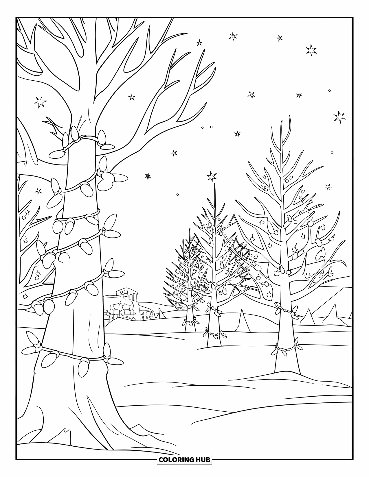 Winter Wonderland Coloring Page for Kids: Snowy trees with fairy lights twinkle on a peaceful winter night