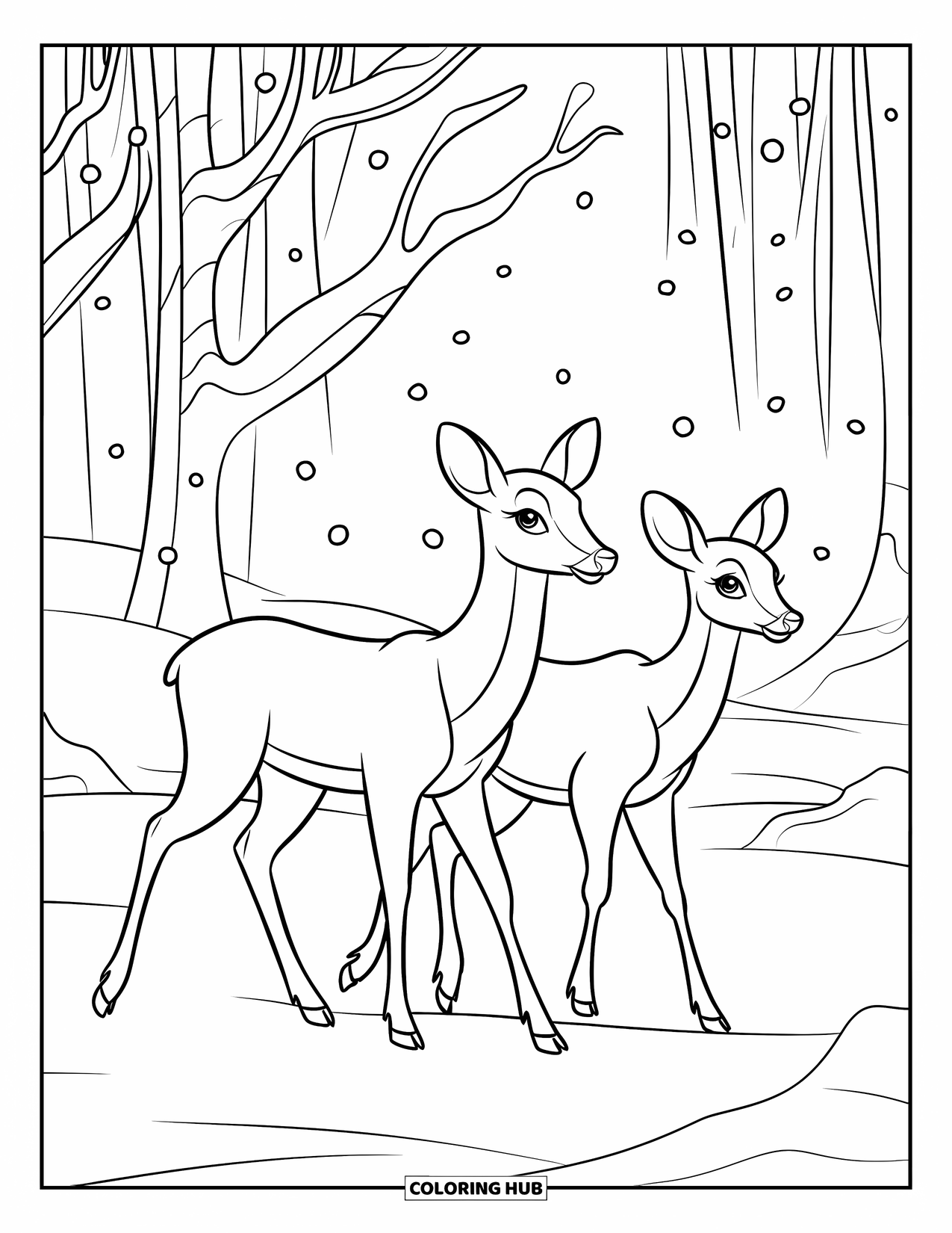 Winter Wonderland Coloring Page for Kids: Two deer stand in a snowy forest under softly falling snowflakes