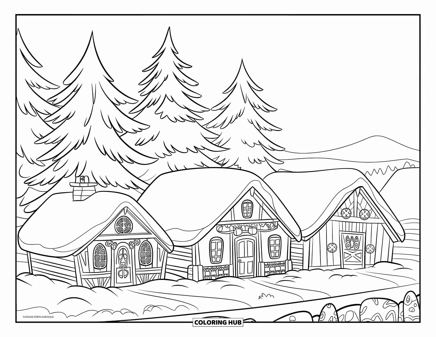 Winter Wonderland Coloring Page for Kids: Winter village with snowy rooftops and distant mountain views