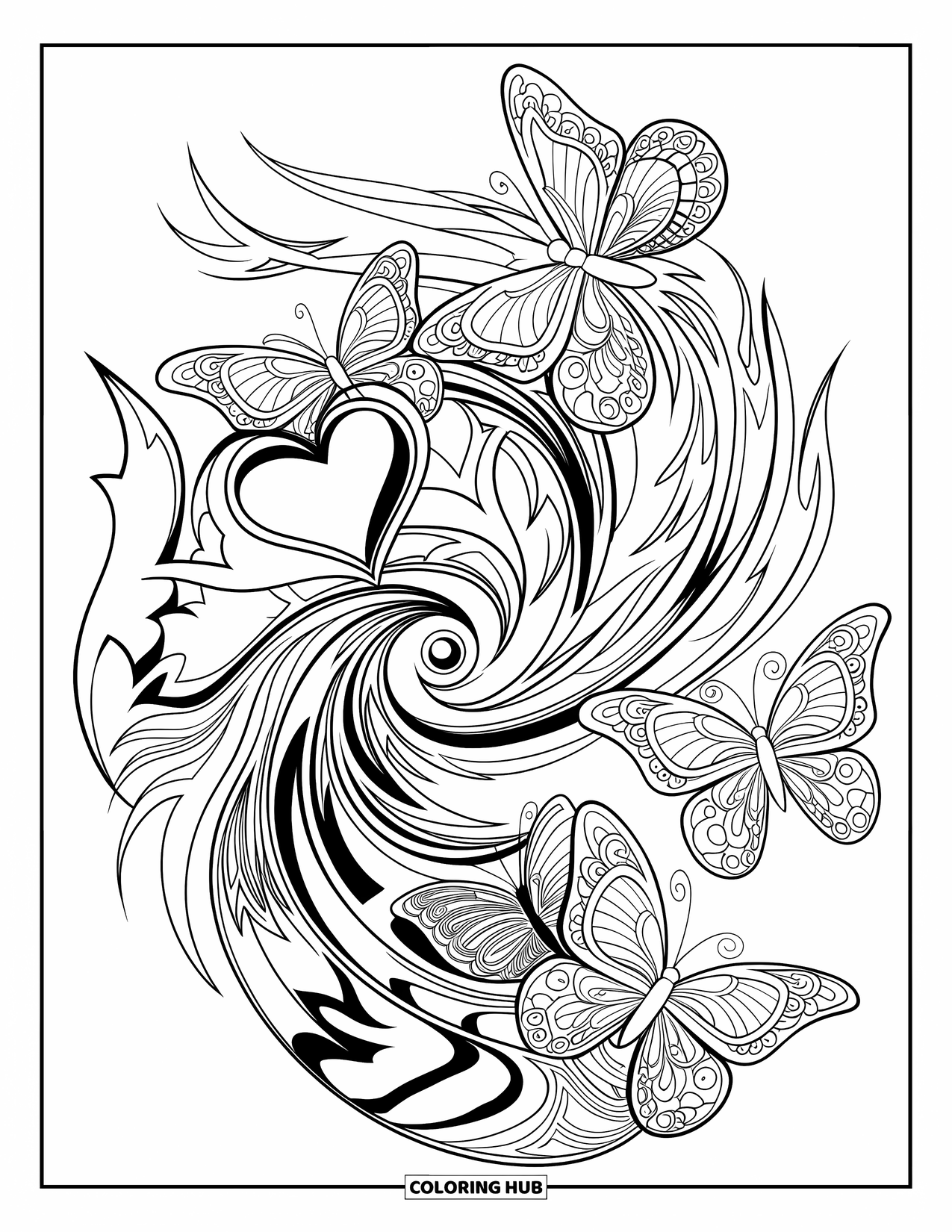 Y2K Coloring Page for Adults: Butterflies, flames, and hearts all tangled together in a dreamy, flowing pattern