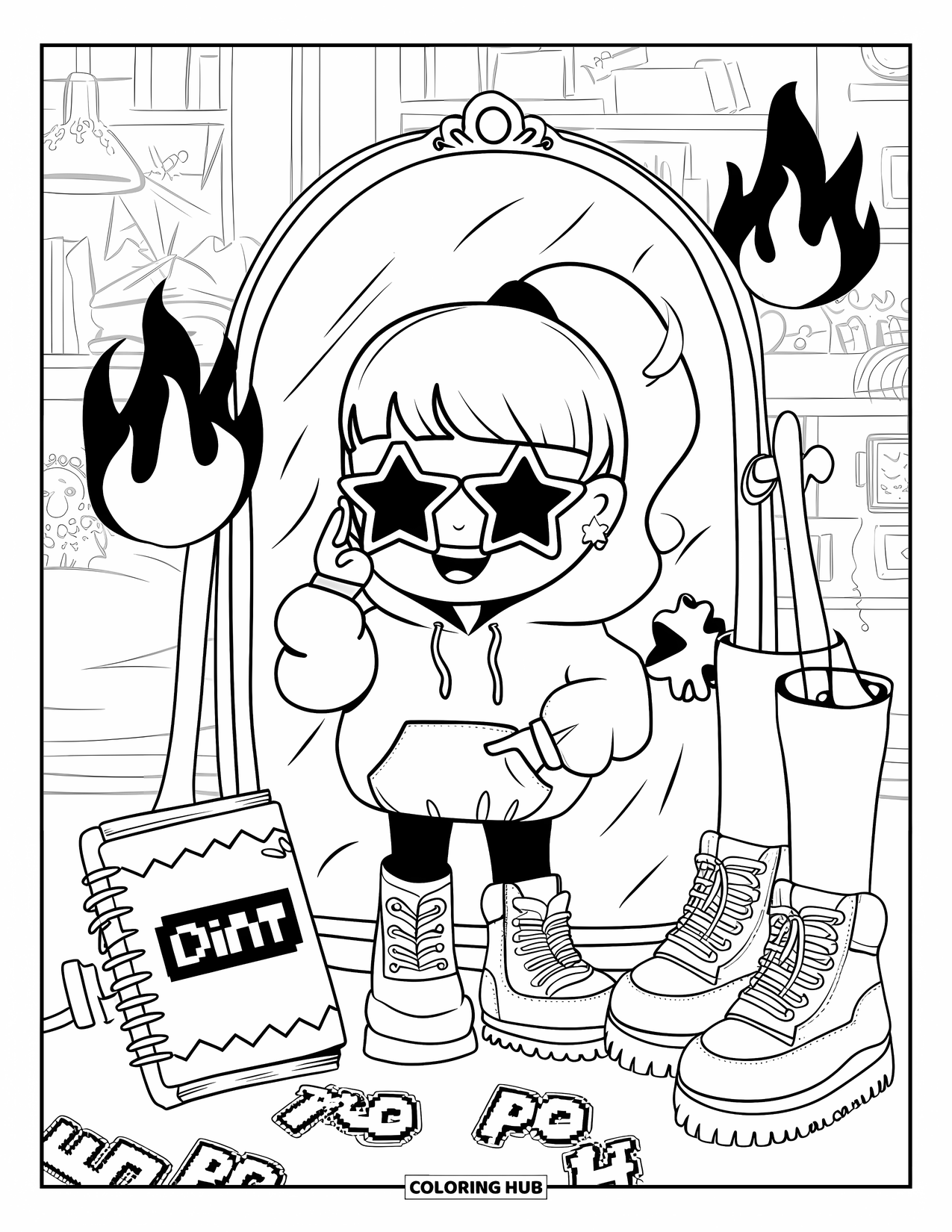 Y2K Coloring Page for Adults: Chibi character with star sunglasses poses near boots, diary, and graffiti-style stickers