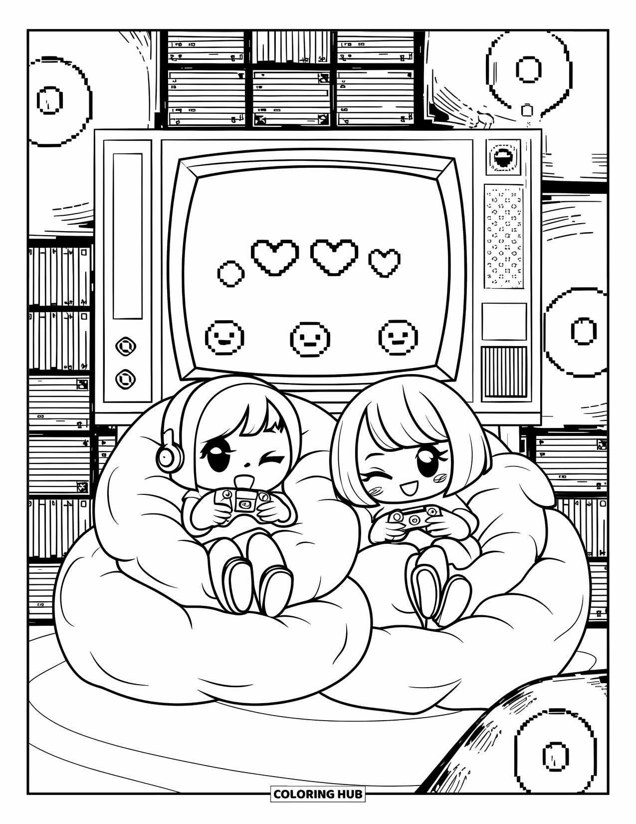 Y2K Coloring Page for Adults: Chibi friends play video games on bean bags surrounded by CDs and fun wall art