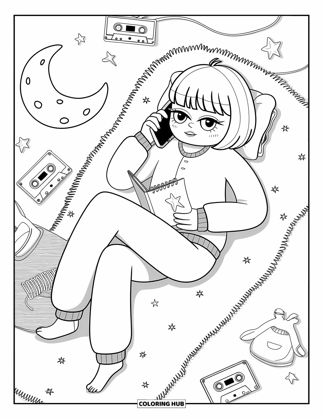 Y2K Coloring Page for Adults: Chibi girl lounges on a rug, chatting on a flip phone and doodling stars