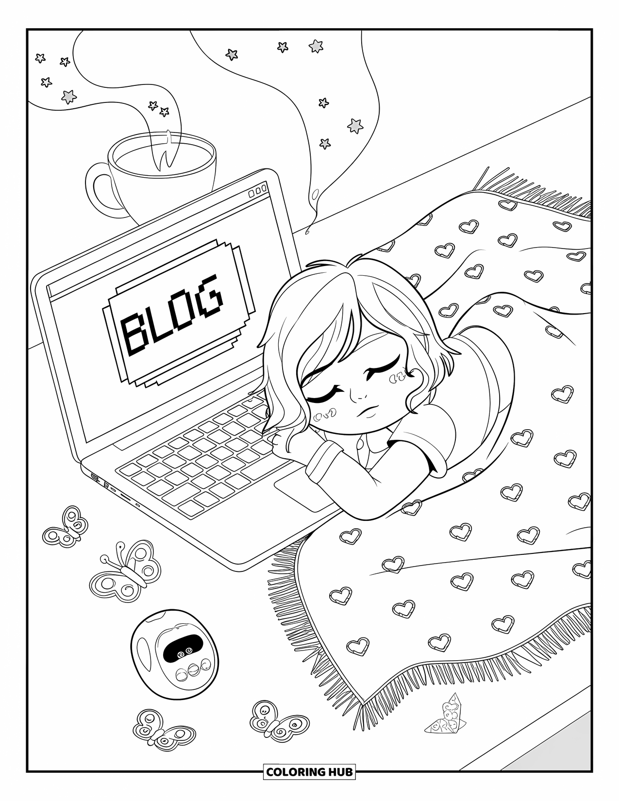 Y2K Coloring Page for Adults: Chibi teen dozes near a blog, starry cup, butterfly clips, and a blinking pet