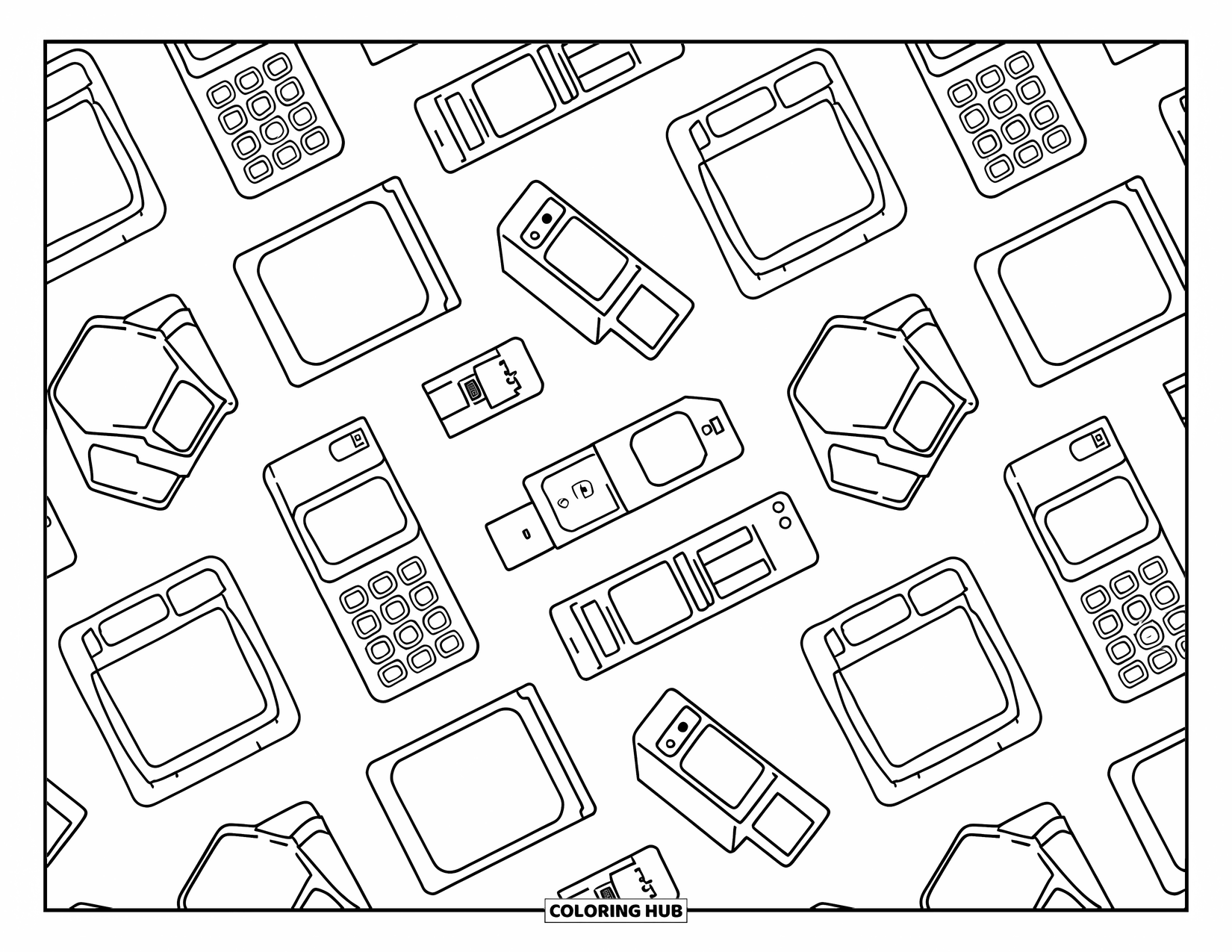 Y2K Coloring Page for Adults: Classic tech pattern featuring floppy disks, pagers, and flip phones in a clean layout