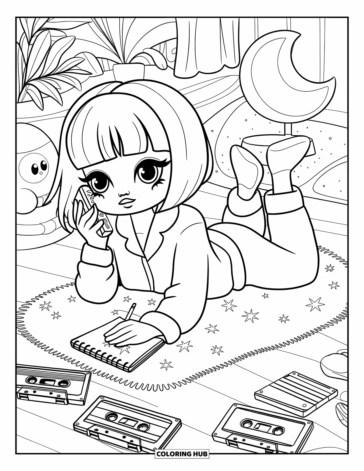 Y2K Coloring Page for Adults: Cozy chibi girl lies on a rug with a phone, plushies, and a glowing moon lamp